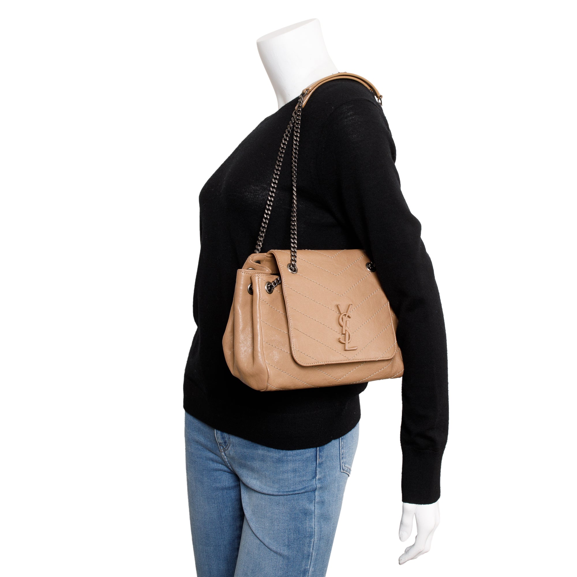Saint Laurent Beige Calfskin Chevron Monogram Nolita Shoulder Bag