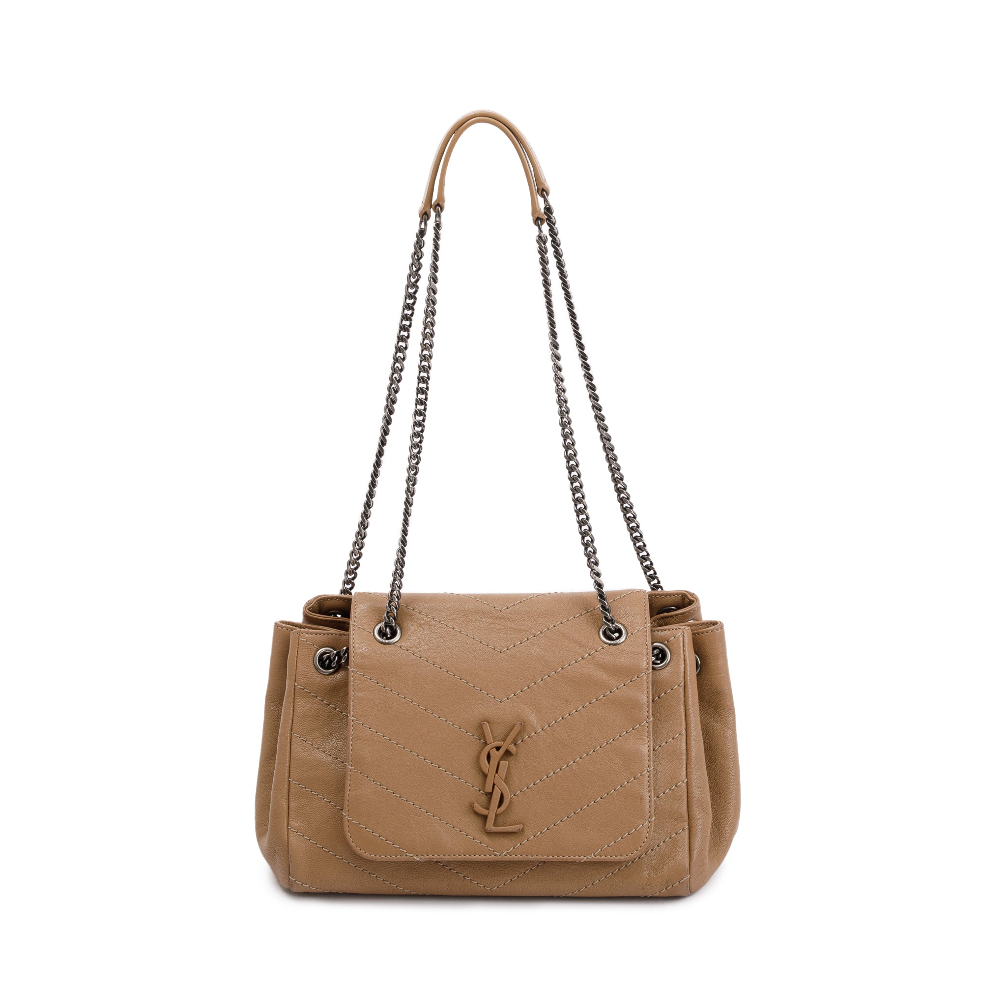 Saint Laurent Beige Calfskin Chevron Monogram Nolita Shoulder Bag