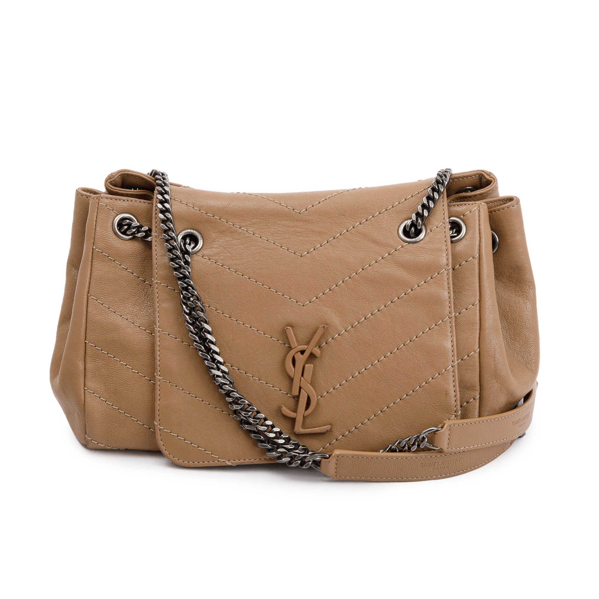 Saint Laurent Beige Calfskin Chevron Monogram Nolita Shoulder Bag