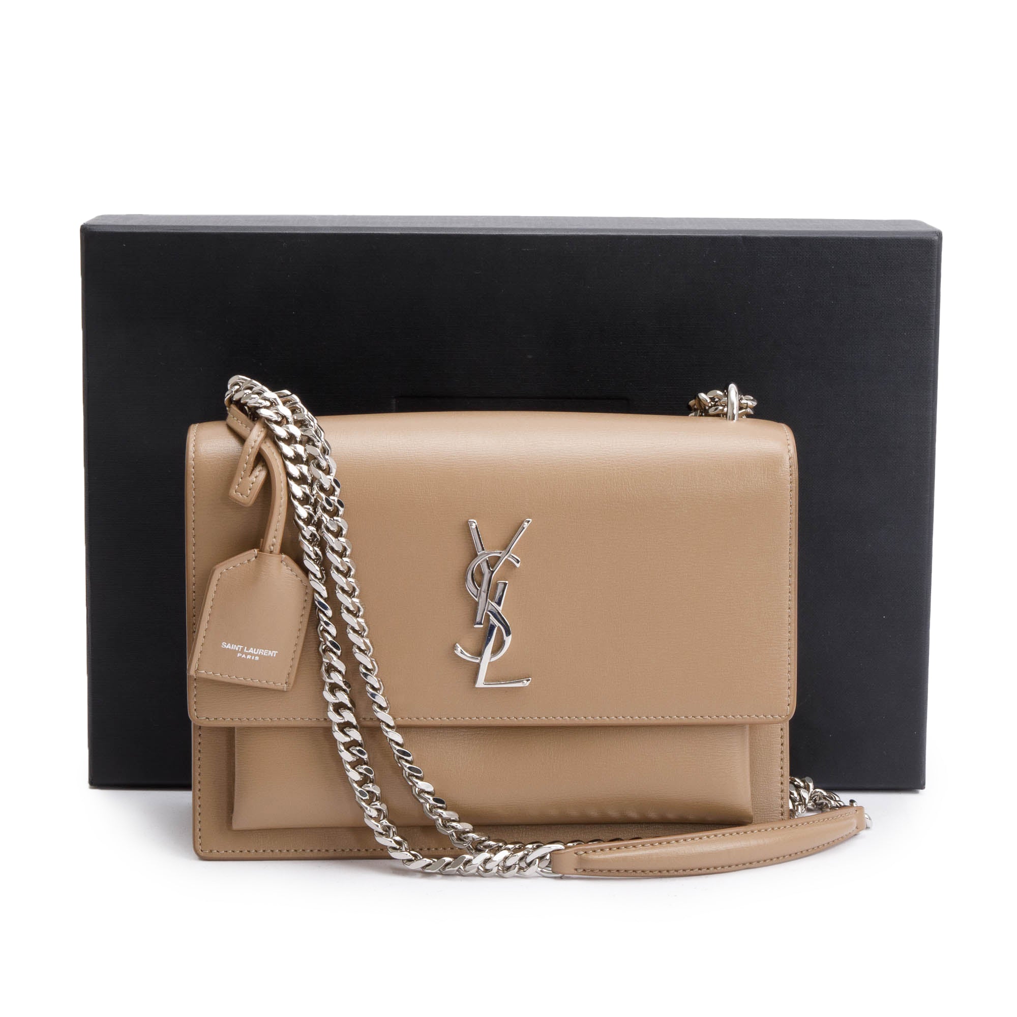 Saint Laurent Beige Calfskin Leather Medium Sunset Shoulder Bag w/ Box
