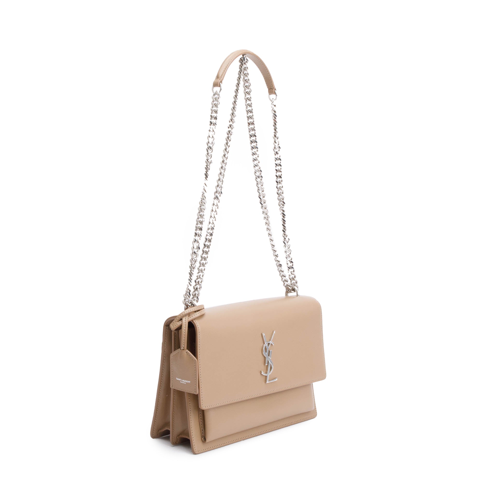 Saint Laurent Beige Calfskin Leather Medium Sunset Shoulder Bag w/ Box