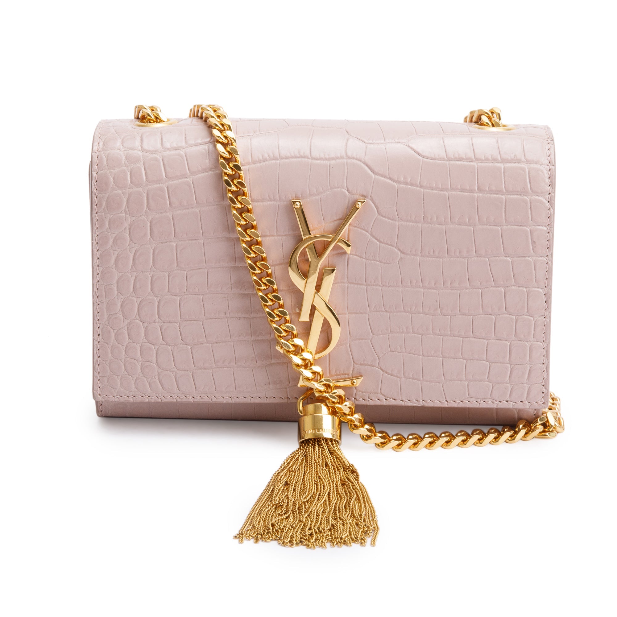 Saint Laurent Beige Croc-Embossed Leather Mini Kate Tassel Bag