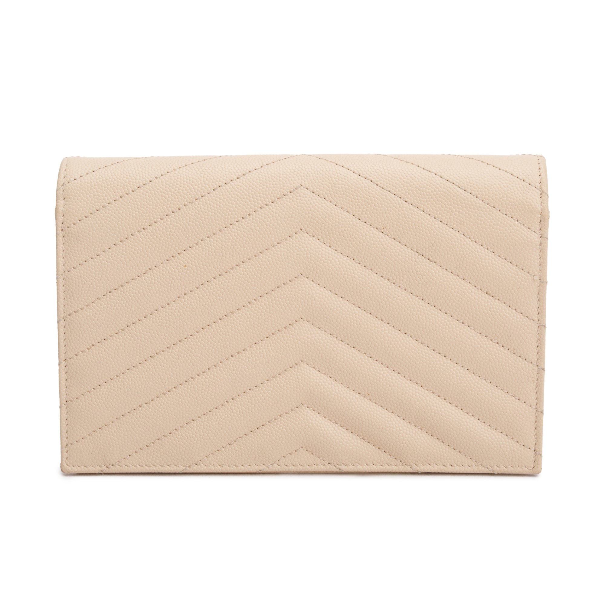 Saint Laurent Beige Grain De Poudre Leather Cassandre Envelope Chain Wallet