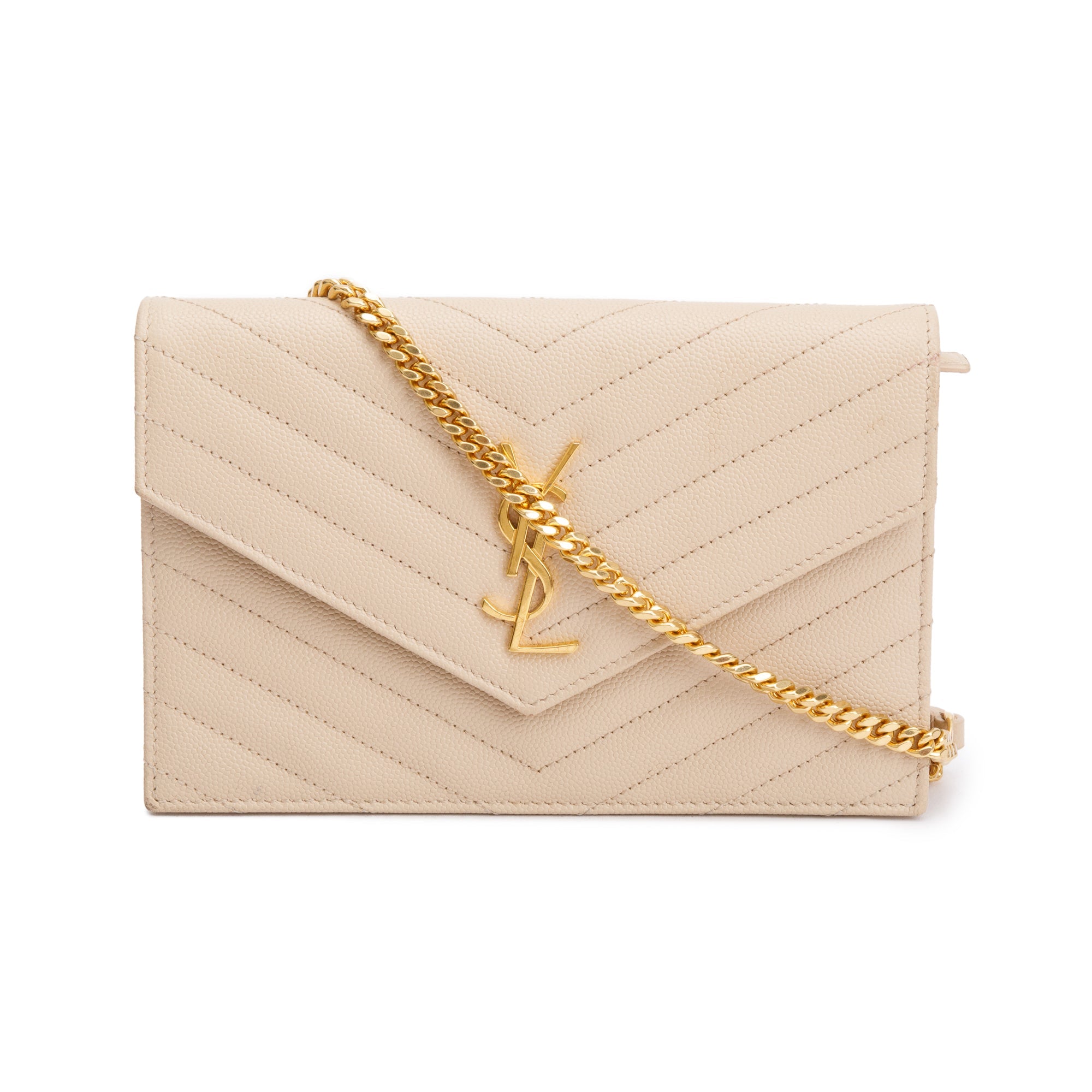 Saint Laurent Beige Grain De Poudre Leather Cassandre Envelope Chain Wallet