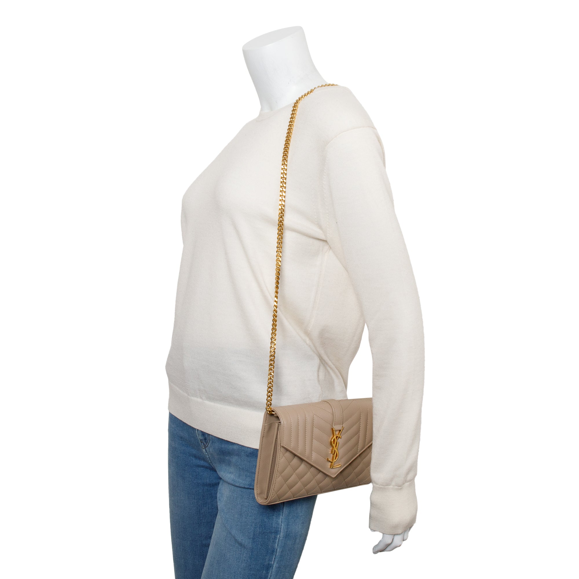 Saint Laurent Beige Mix Matelasse Grain De Poudre Leather Envelope Chain Wallet w/ Box