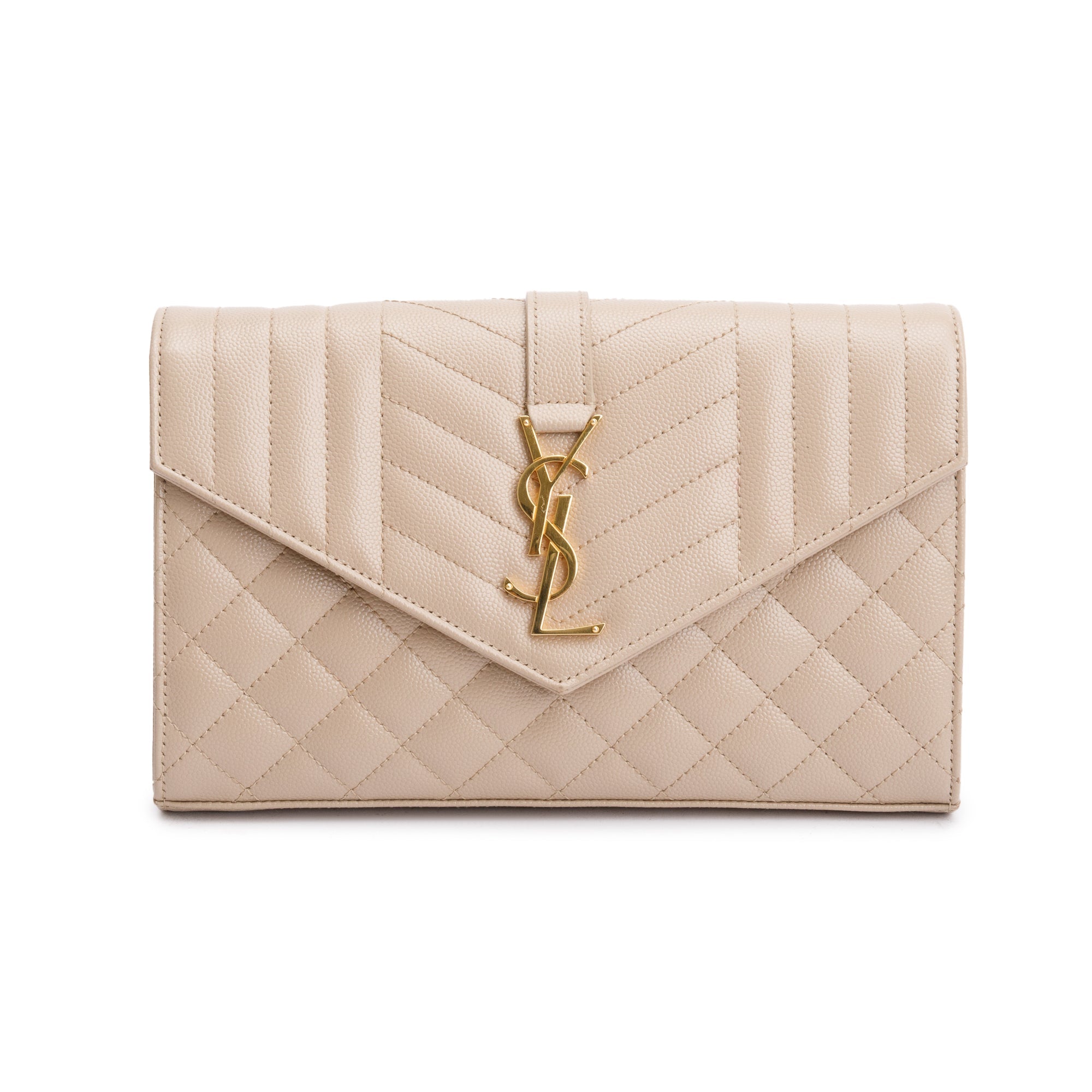 Saint Laurent Beige Mix Matelasse Grain De Poudre Leather Envelope Chain Wallet w/ Box