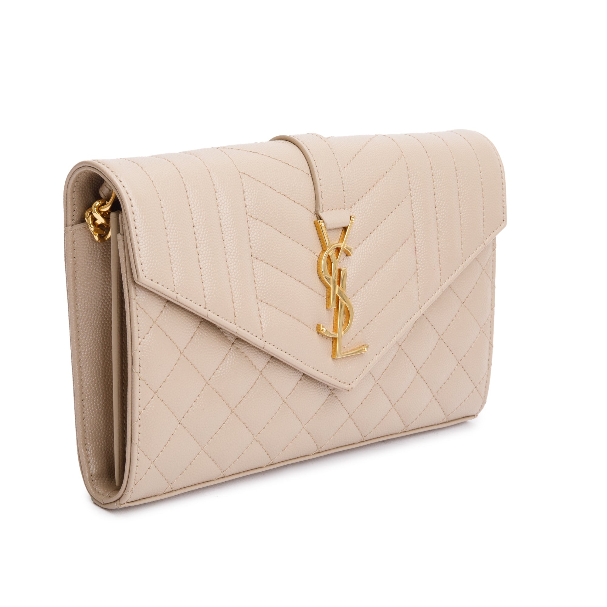 Saint Laurent Beige Mix Matelasse Grain De Poudre Leather Envelope Chain Wallet w/ Box
