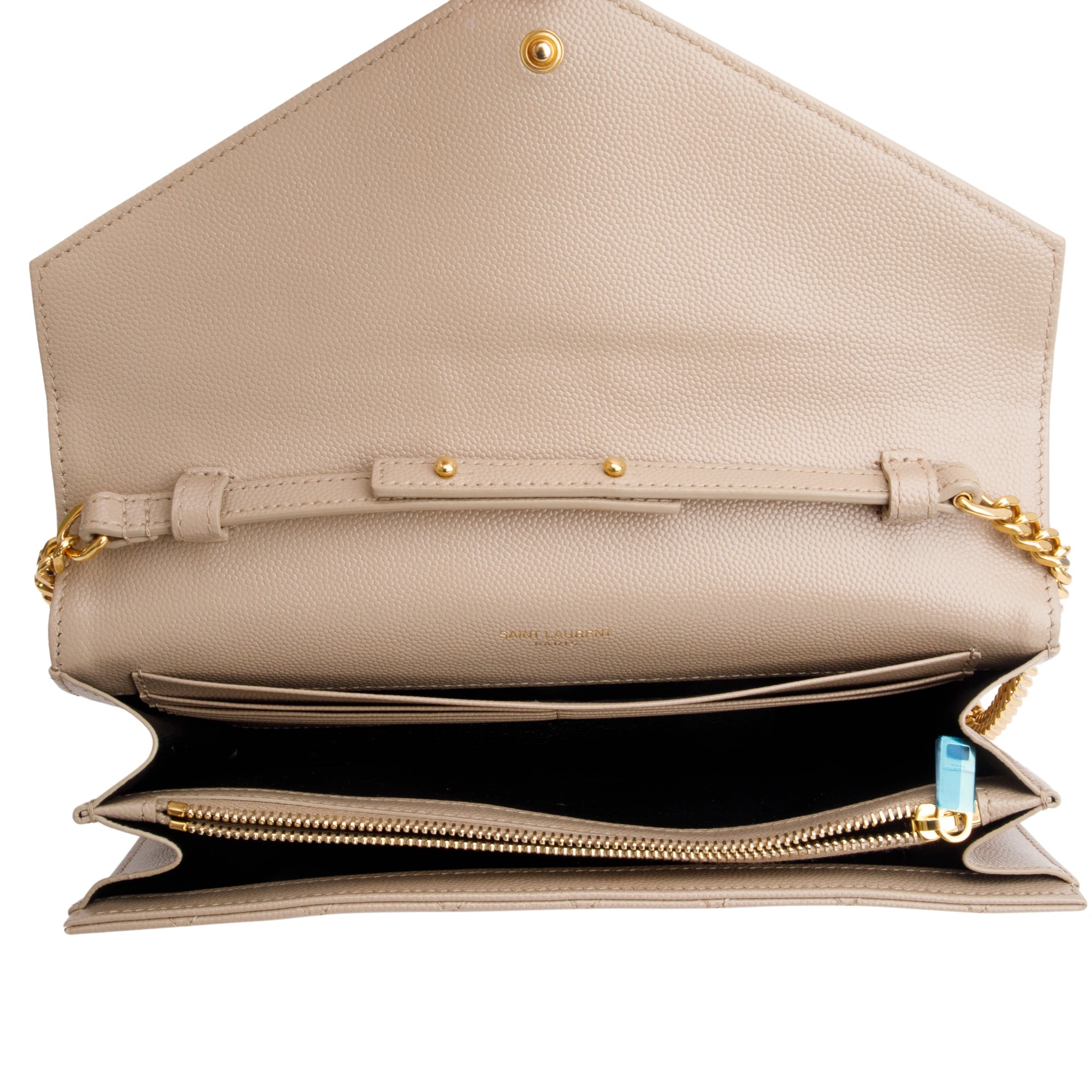 Saint Laurent Beige Mix Matelasse Grain De Poudre Leather Envelope Chain Wallet w/ Box