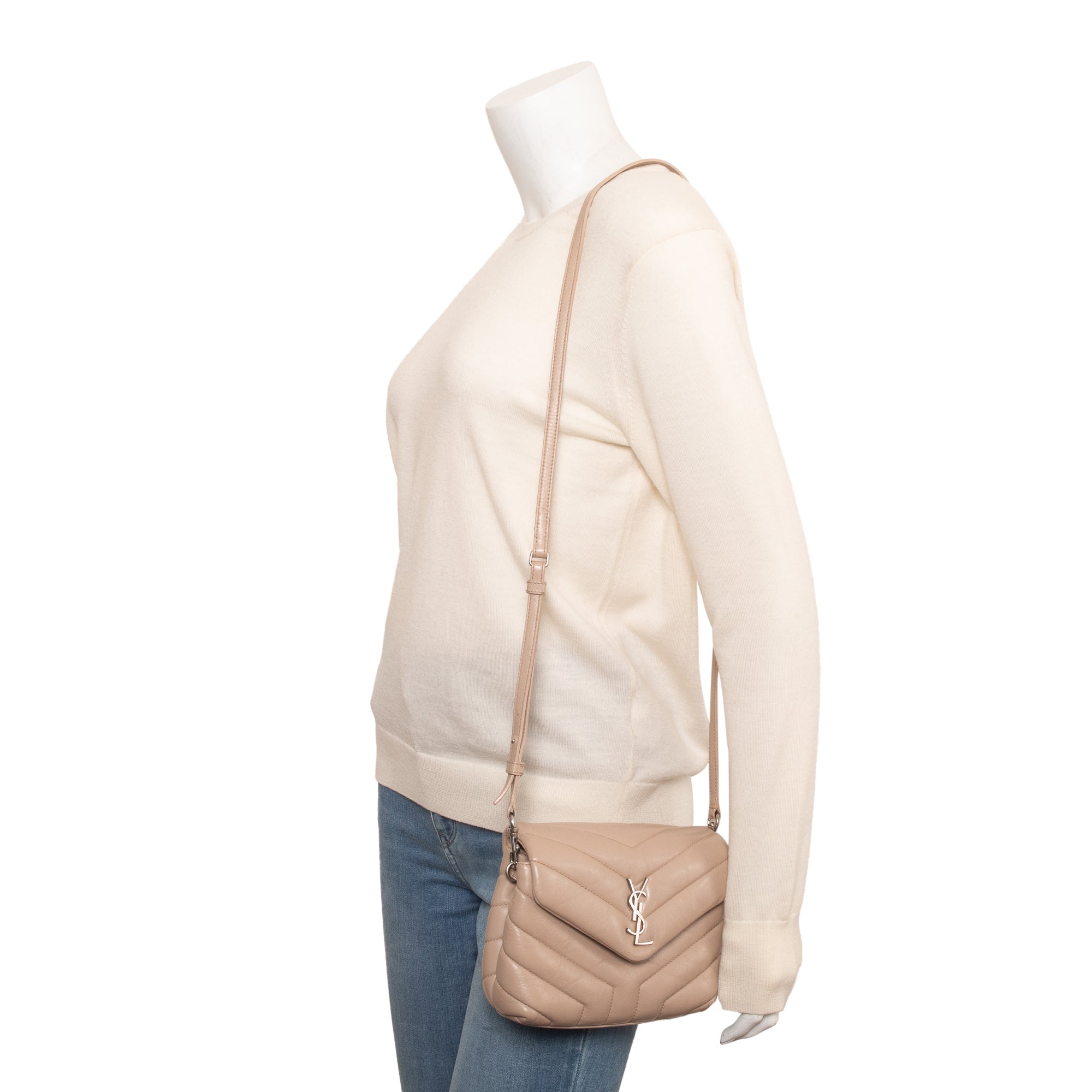 Saint Laurent Beige Monogram Matelasse Toy Loulou Crossbody Bag w/ Box
