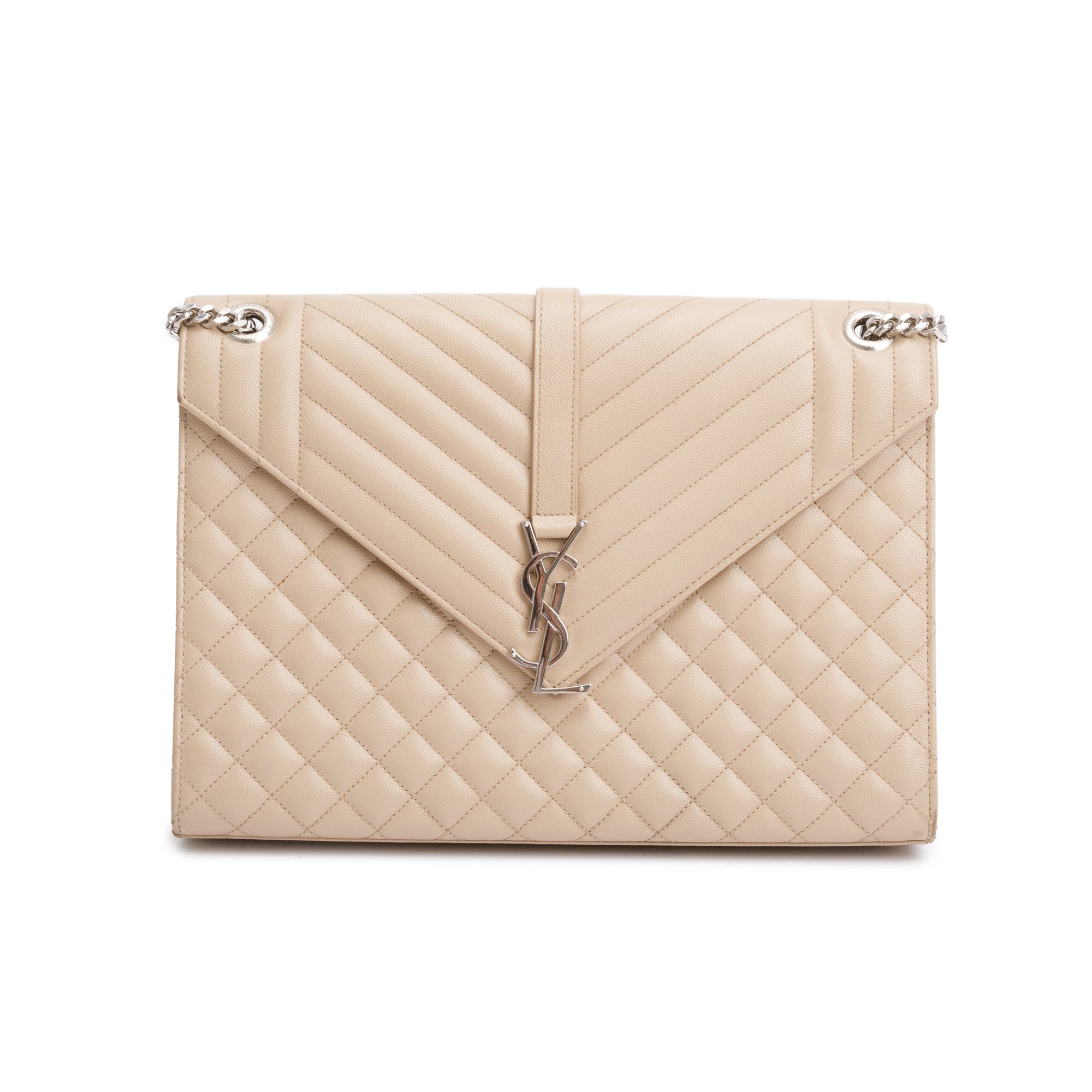 Saint Laurent Beige Quilted Grain De Poudre Leather Large Envelope Chain Bag