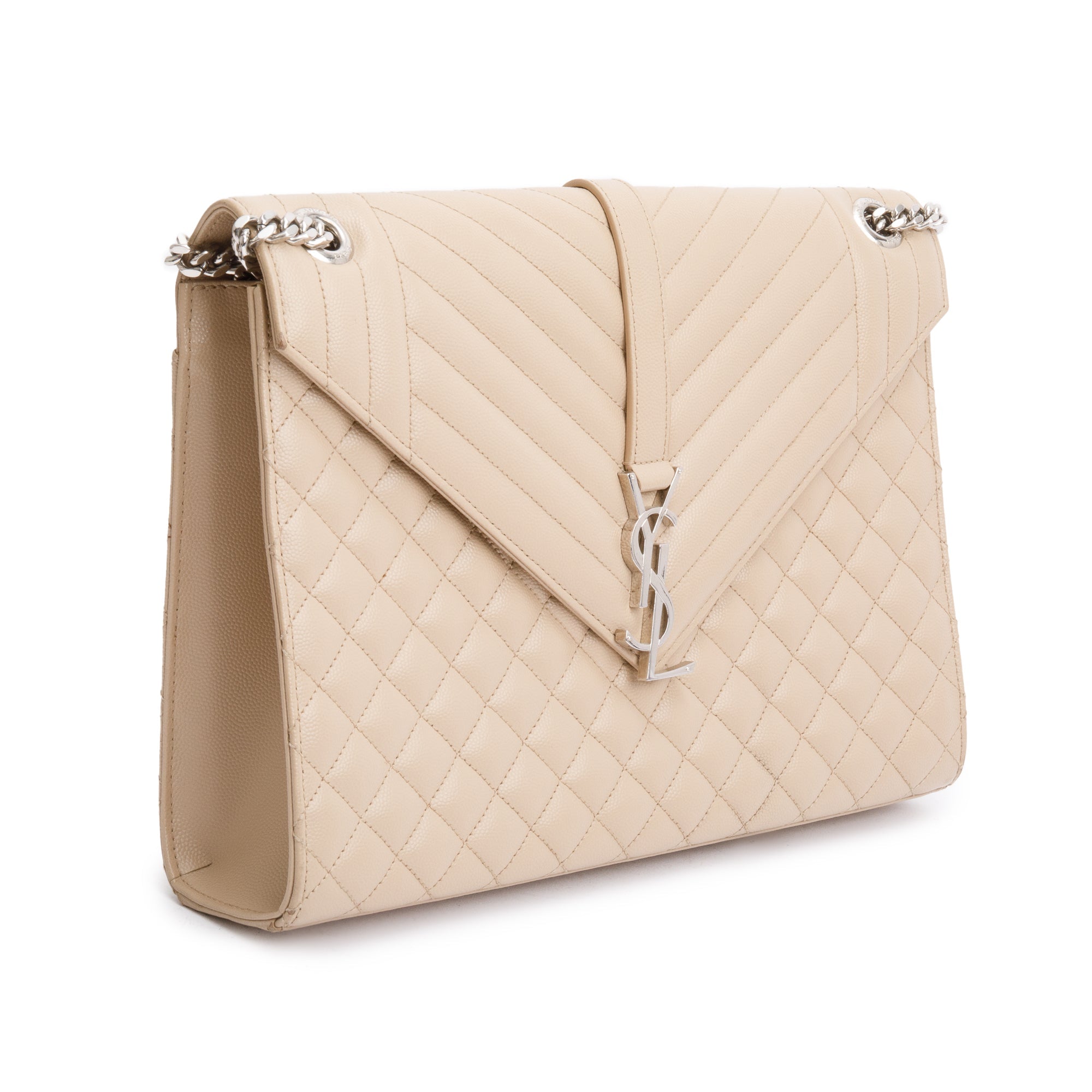 Saint Laurent Beige Quilted Grain De Poudre Leather Large Envelope Chain Bag