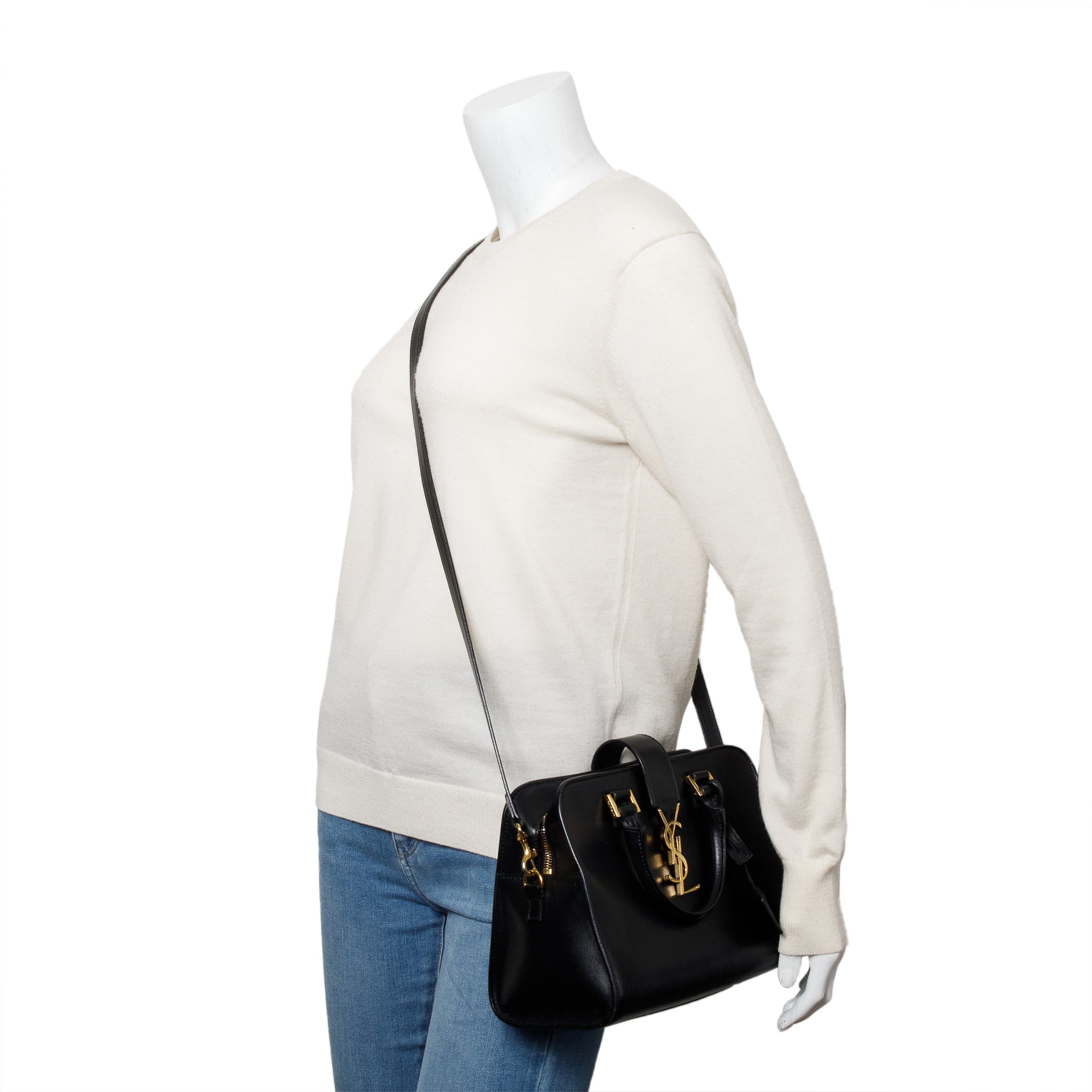 Saint Laurent Black Calfskin Leather Baby Cabas Tote Bag w/ Strap