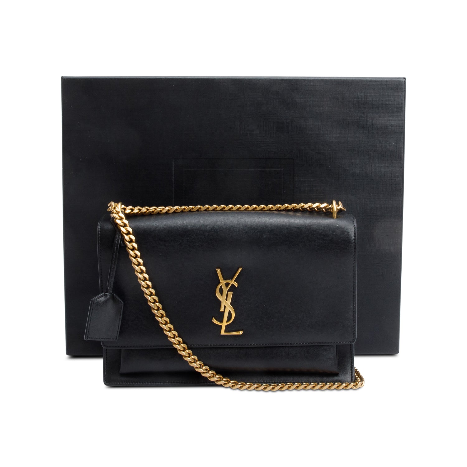 Saint Laurent Black Calfskin Leather Large Sunset Shoulder Bag w/ Box