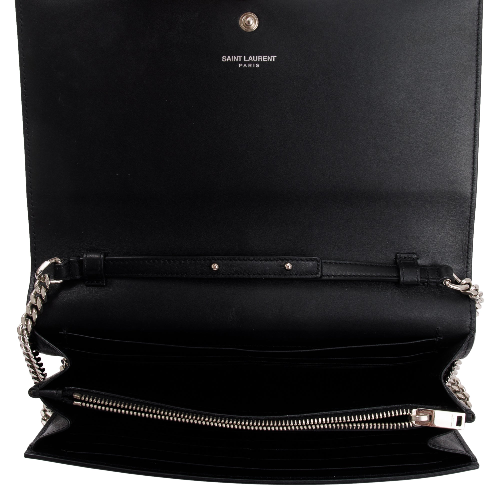 Saint Laurent Black Calfskin Leather Monogram Star Kate Chain Wallet