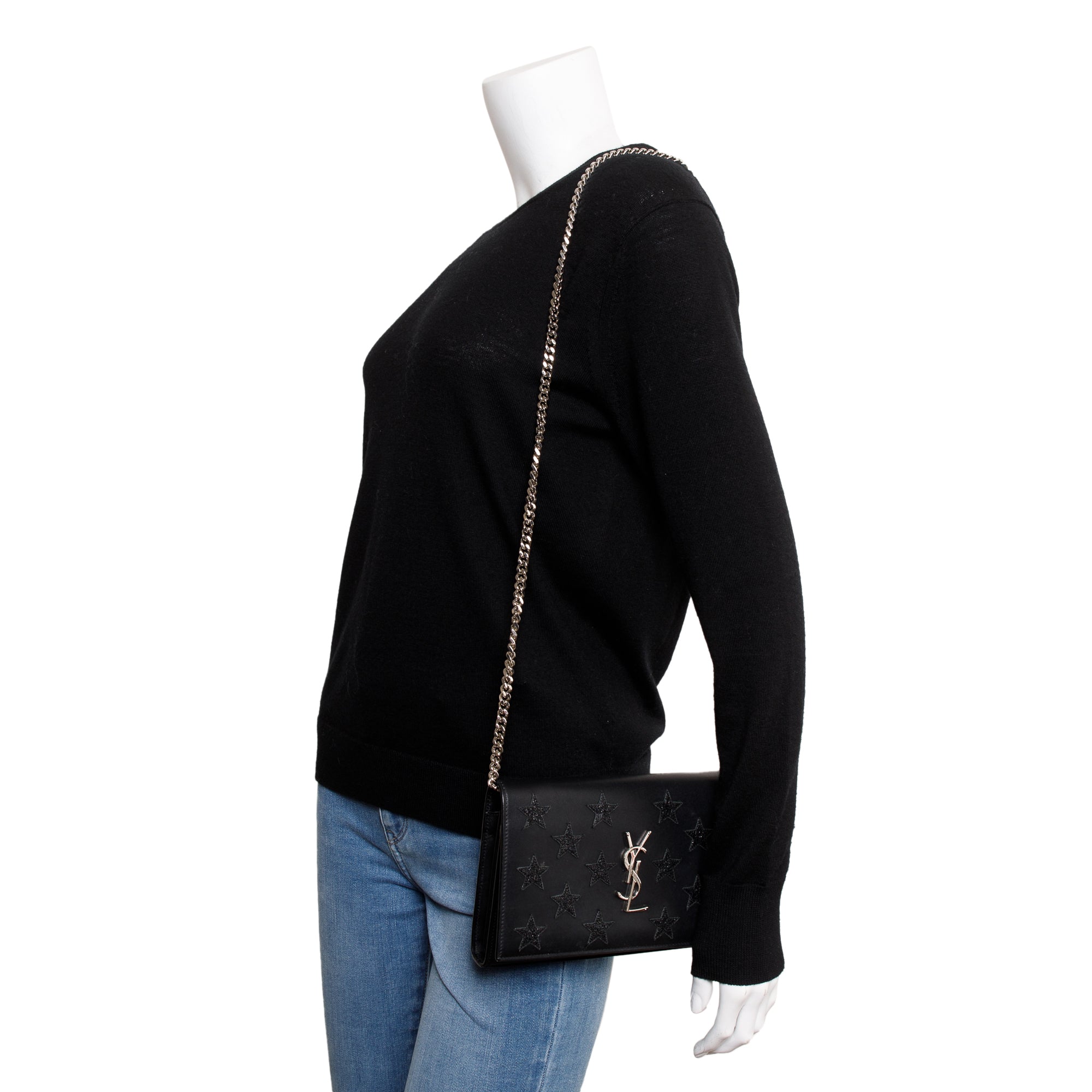 Saint Laurent Black Calfskin Leather Monogram Star Kate Chain Wallet