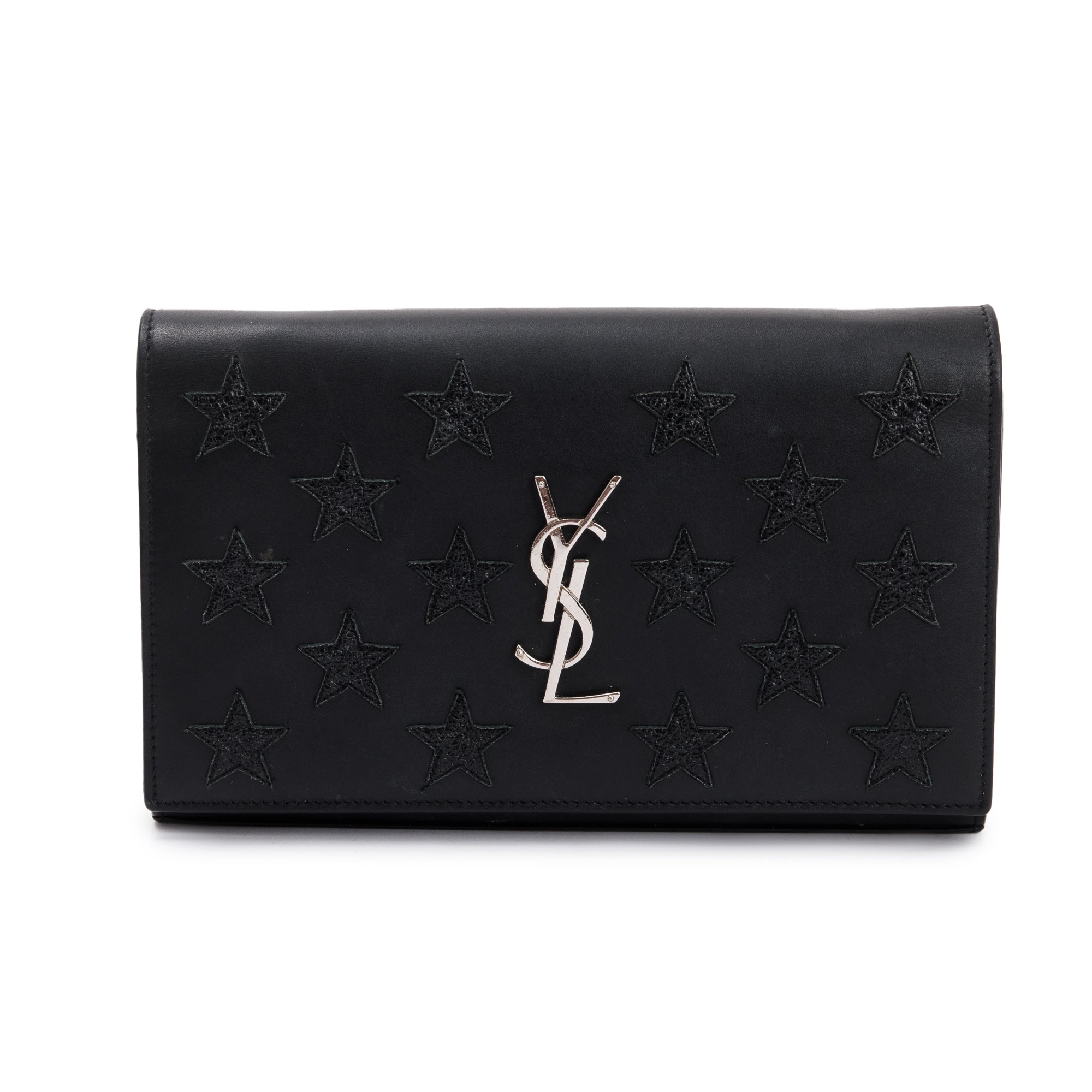 Saint Laurent Black Calfskin Leather Monogram Star Kate Chain Wallet