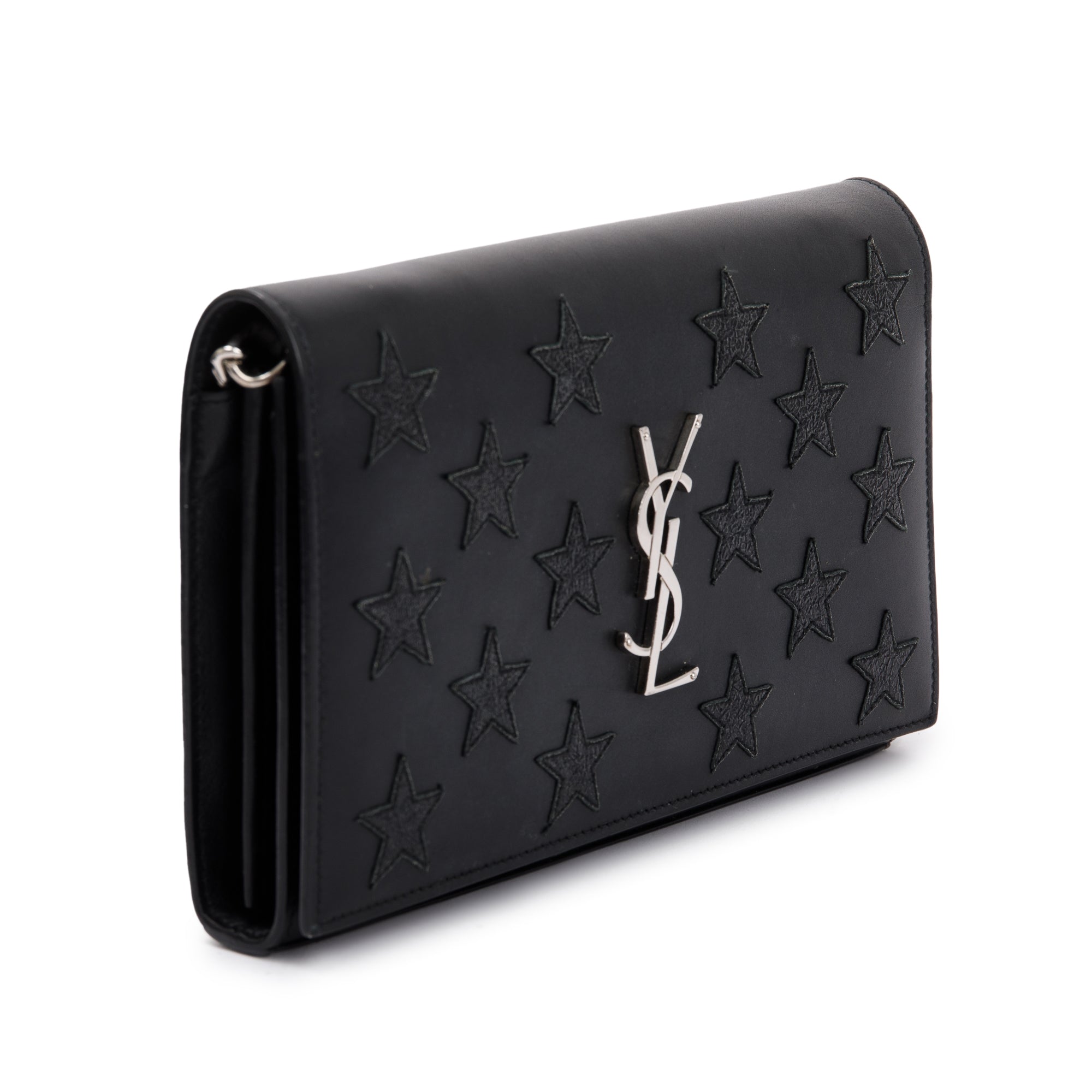 Saint Laurent Black Calfskin Leather Monogram Star Kate Chain Wallet
