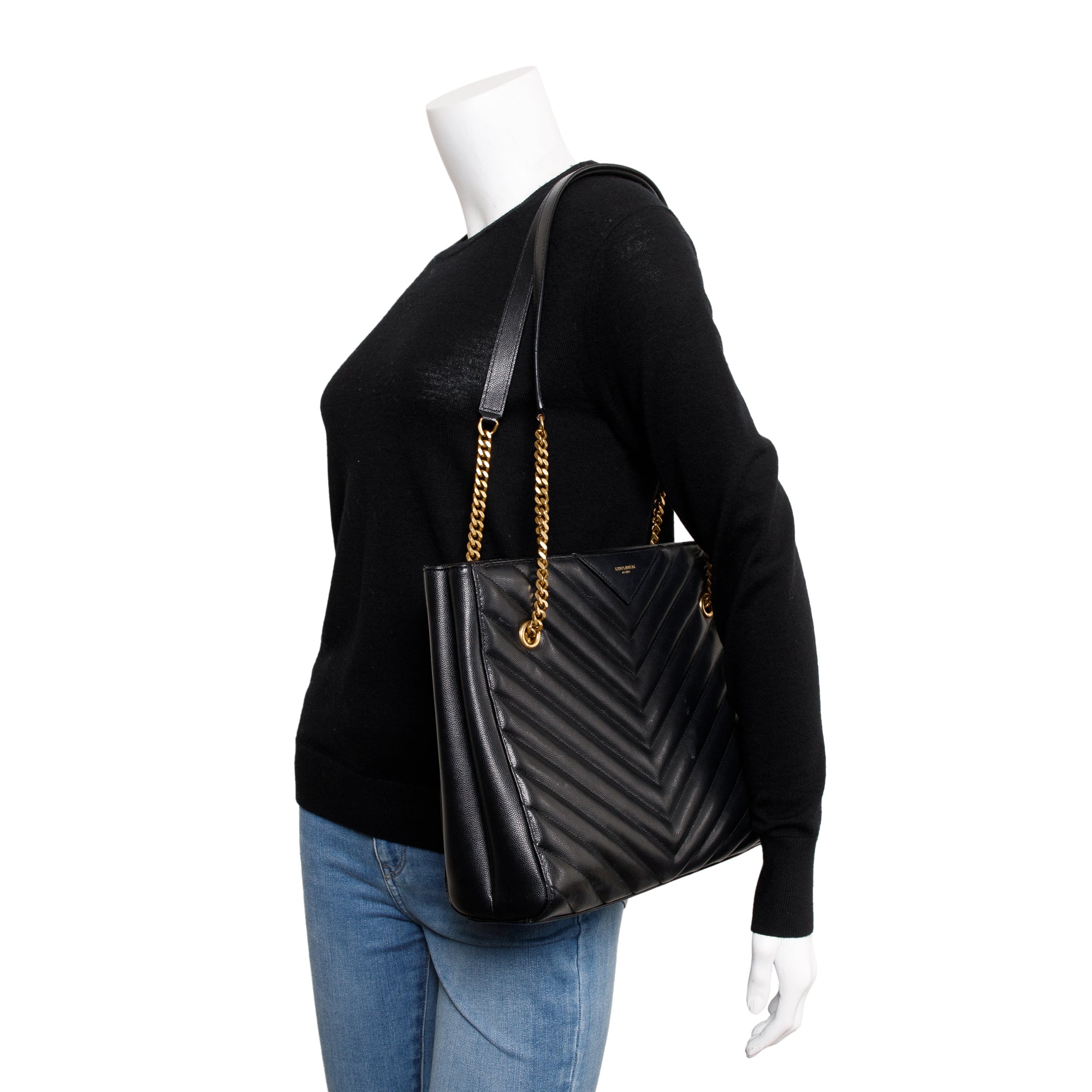 Saint Laurent Black Chevron Calfskin Leather Medium Tribeca Shopping Tote