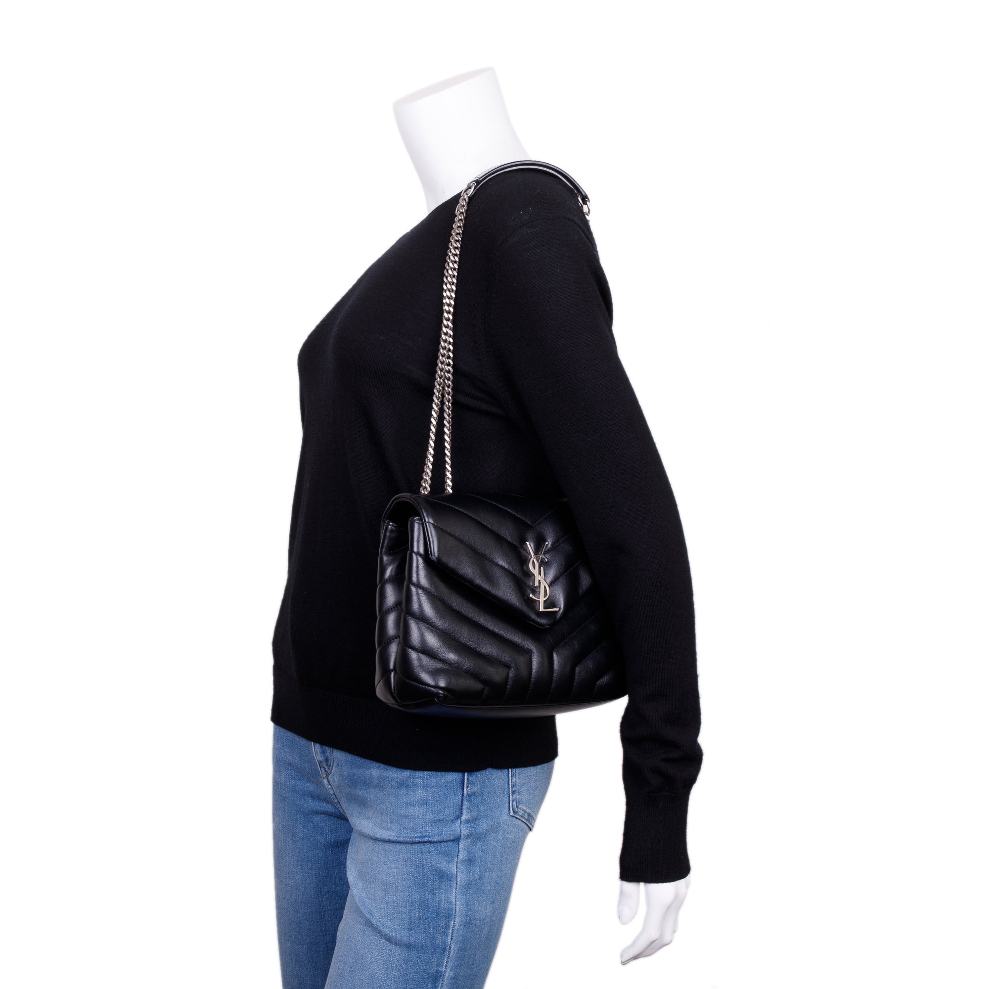 Saint Laurent Black Chevron Quilted Leather Small Loulou Shoulder Bag