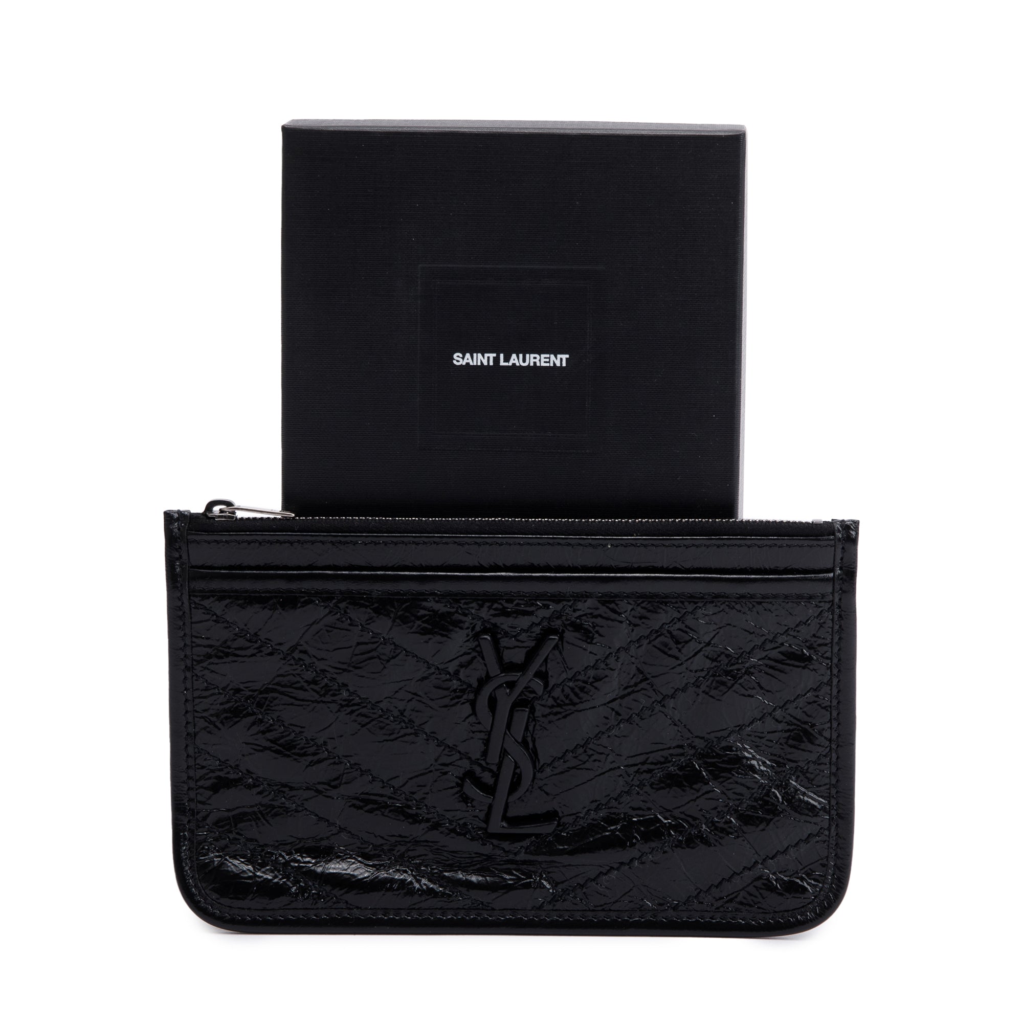 Saint Laurent Black Crinkled Calfskin Matelasse Leather Monogram Niki Bill Pouch w/ Box