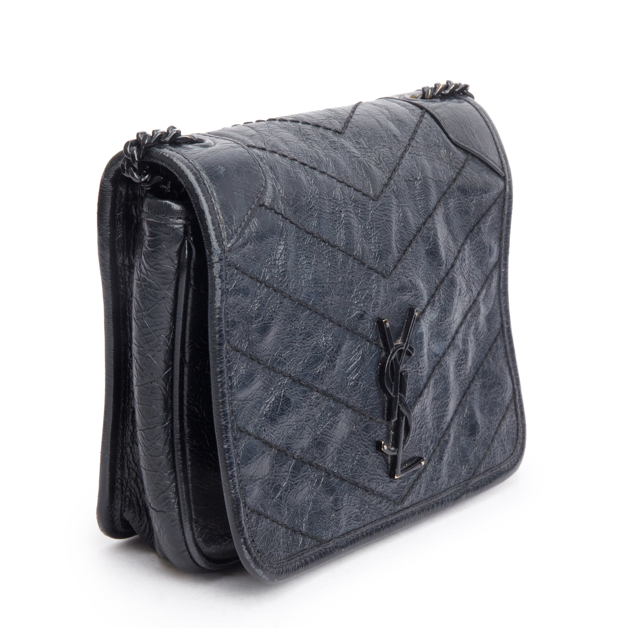 Saint Laurent Black Crinkled Calfskin Matelasse Niki Chain Wallet