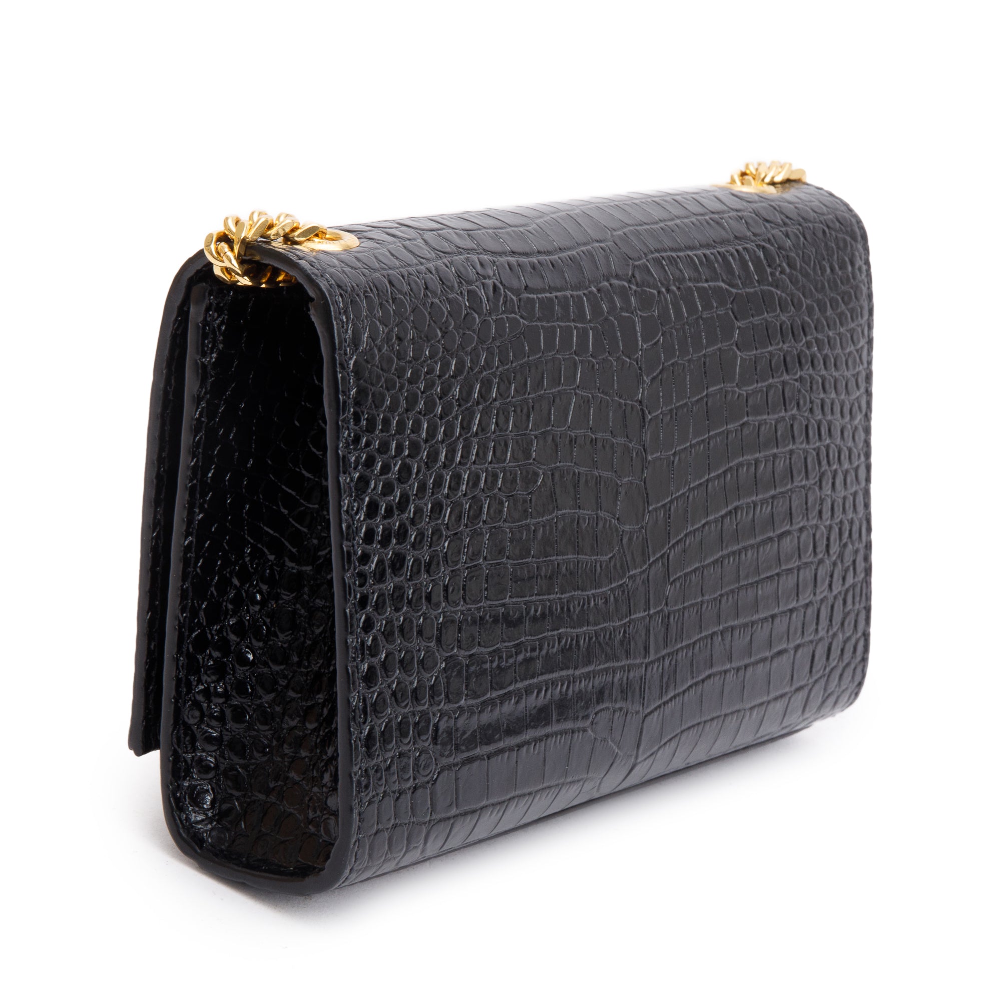 Saint Laurent Black Croc-Embossed Leather Small Kate Tassel Bag w/ Box