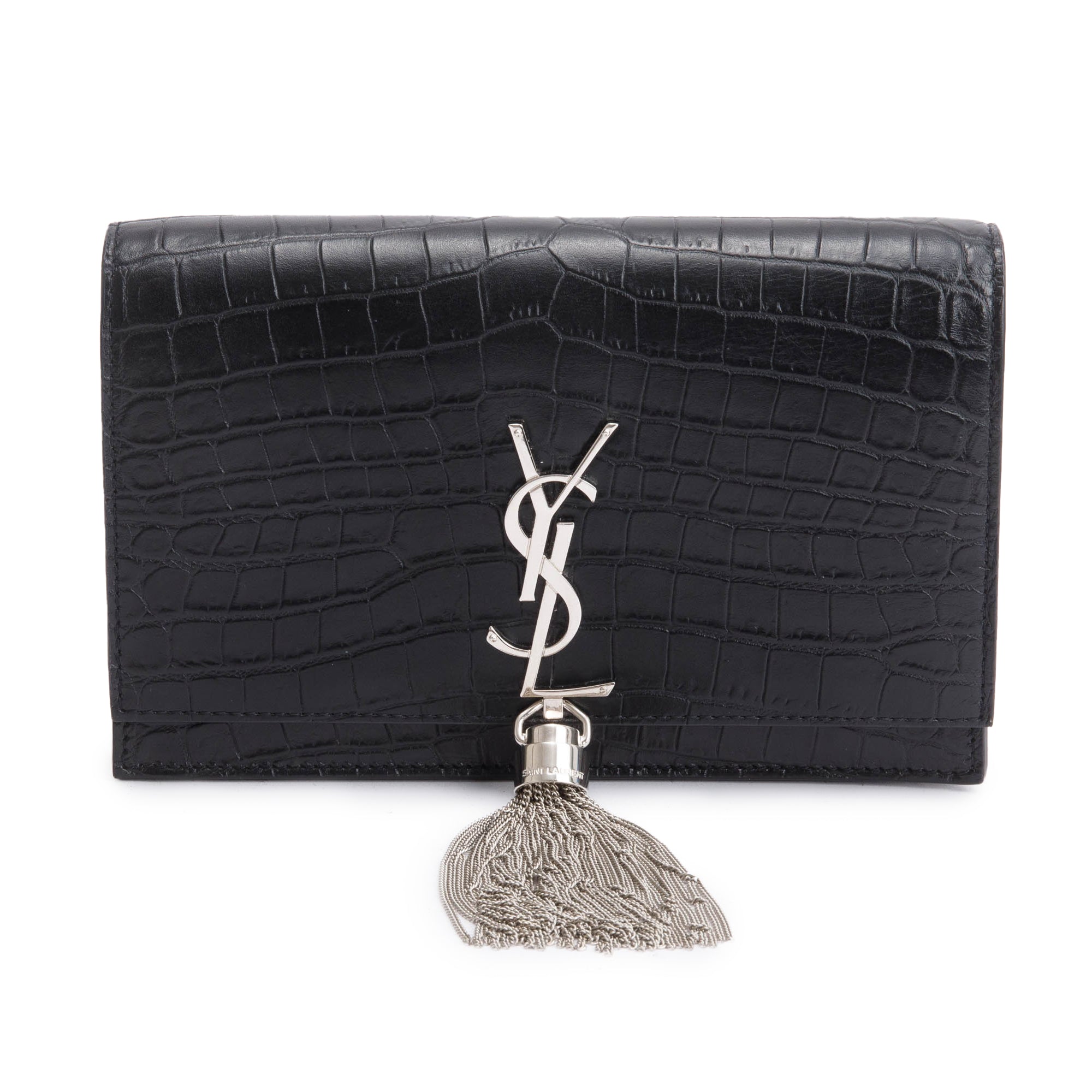 Saint Laurent Black Croc-Embossed Leather Small Kate Tassel Bag w/ Box & Reciept