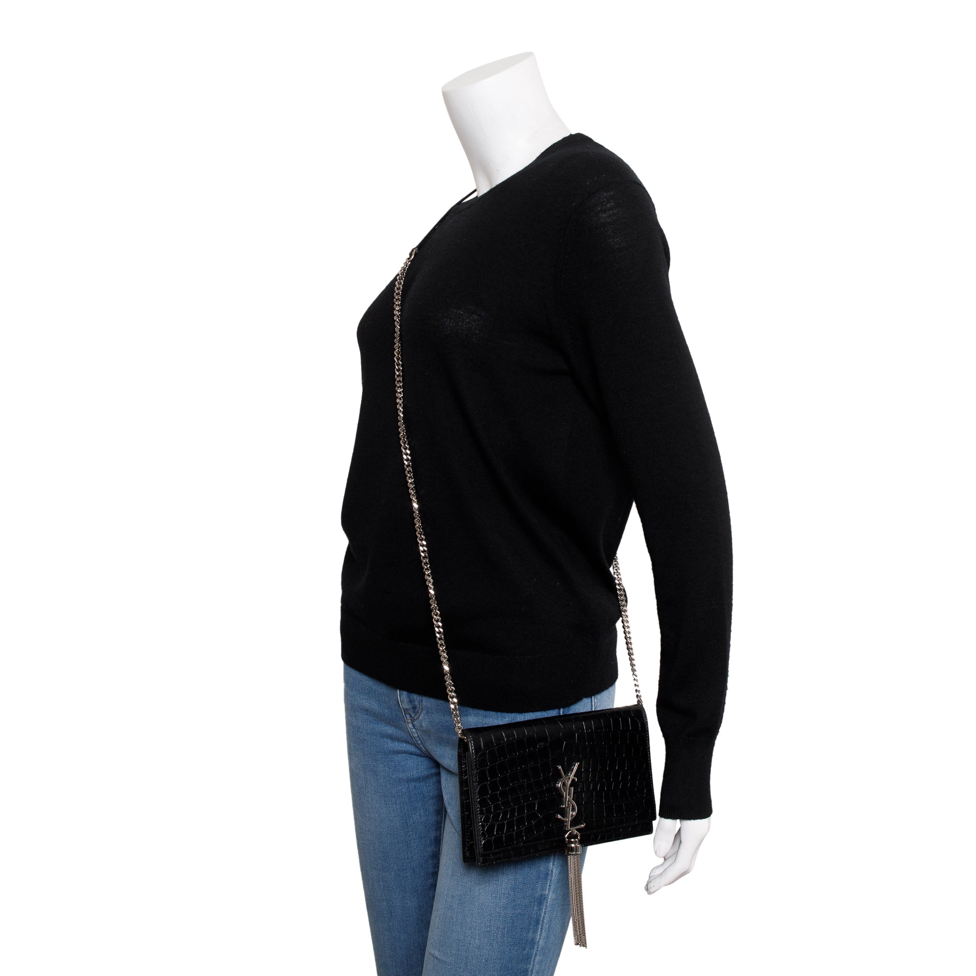 Saint Laurent Black Croc-Embossed Leather Small Kate Tassel Chain Bag