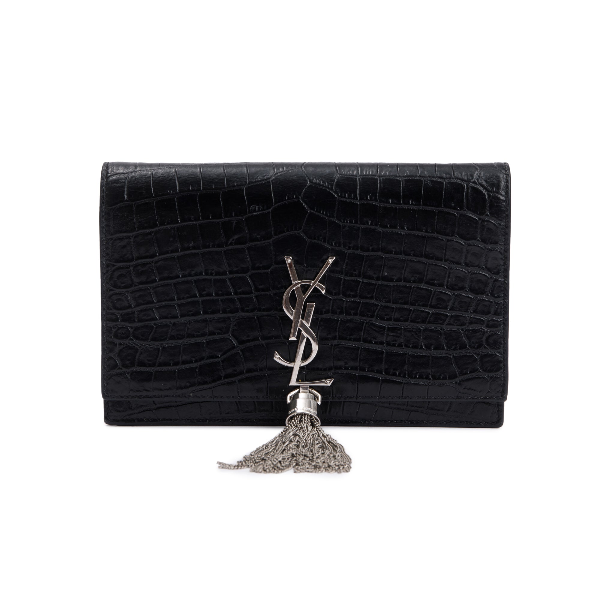Saint Laurent Black Croc-Embossed Leather Small Kate Tassel Chain Bag