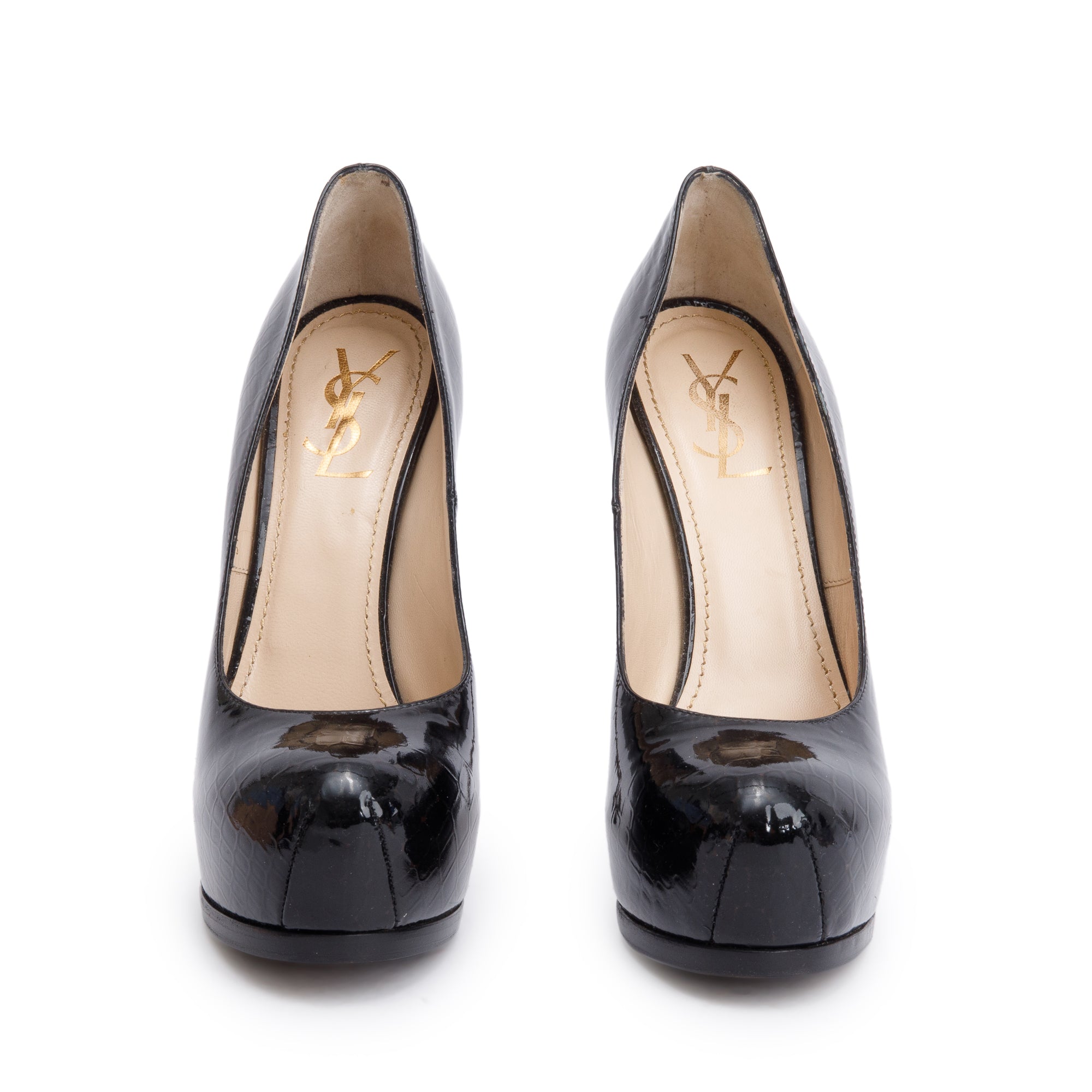 Saint Laurent Black Croc-Embossed Patent Leather Tribtoo 105 Platform Pumps, Size 40