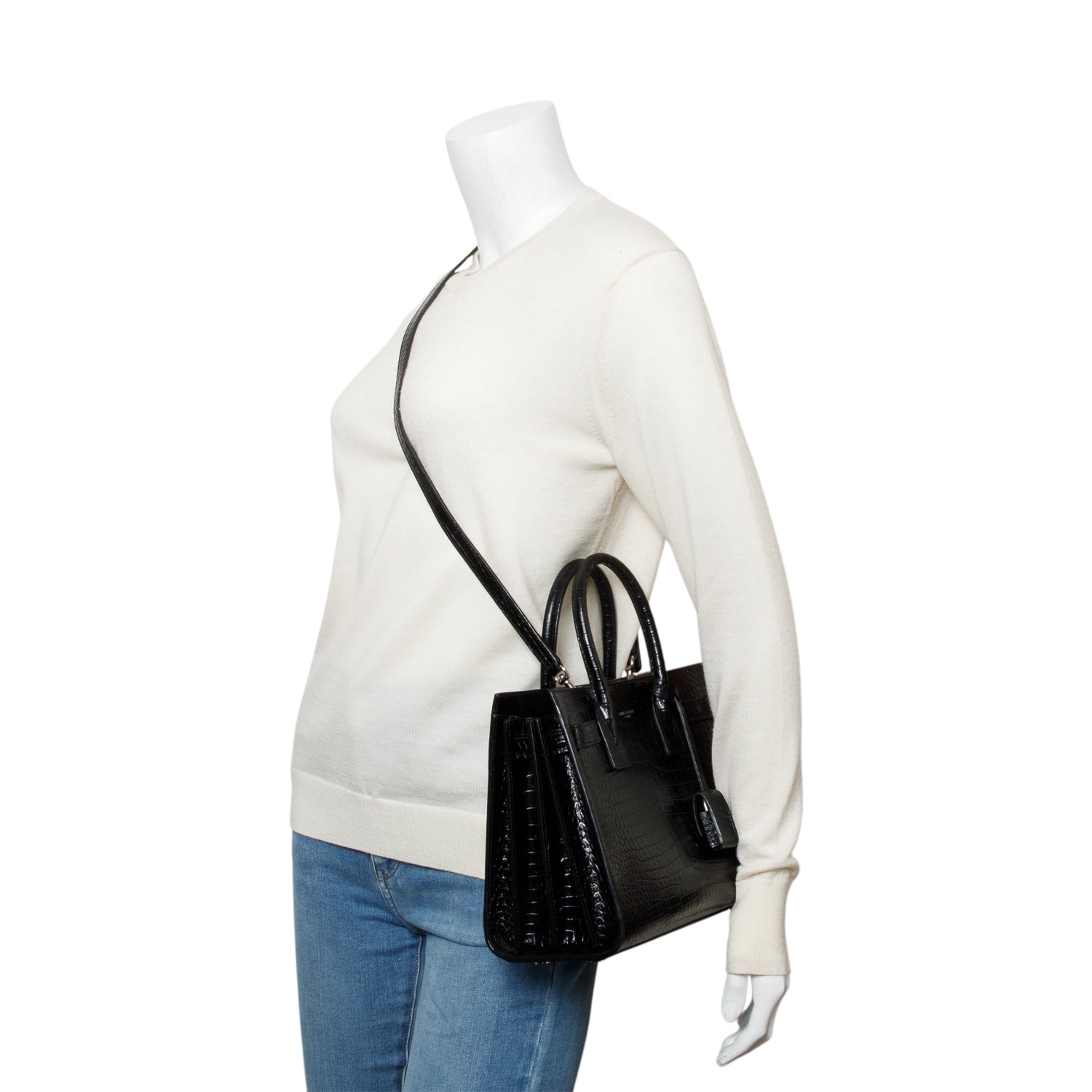 Saint Laurent Black Crocodile Embossed Leather Baby Sac De Jour w/ Strap & Pouch