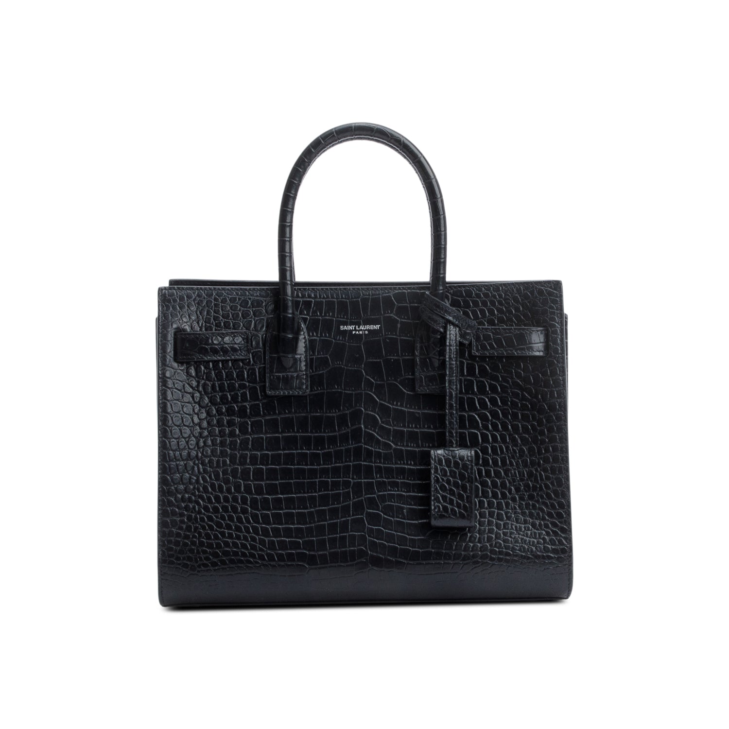 Saint Laurent Black Crocodile Embossed Leather Baby Sac De Jour w/ Strap & Pouch