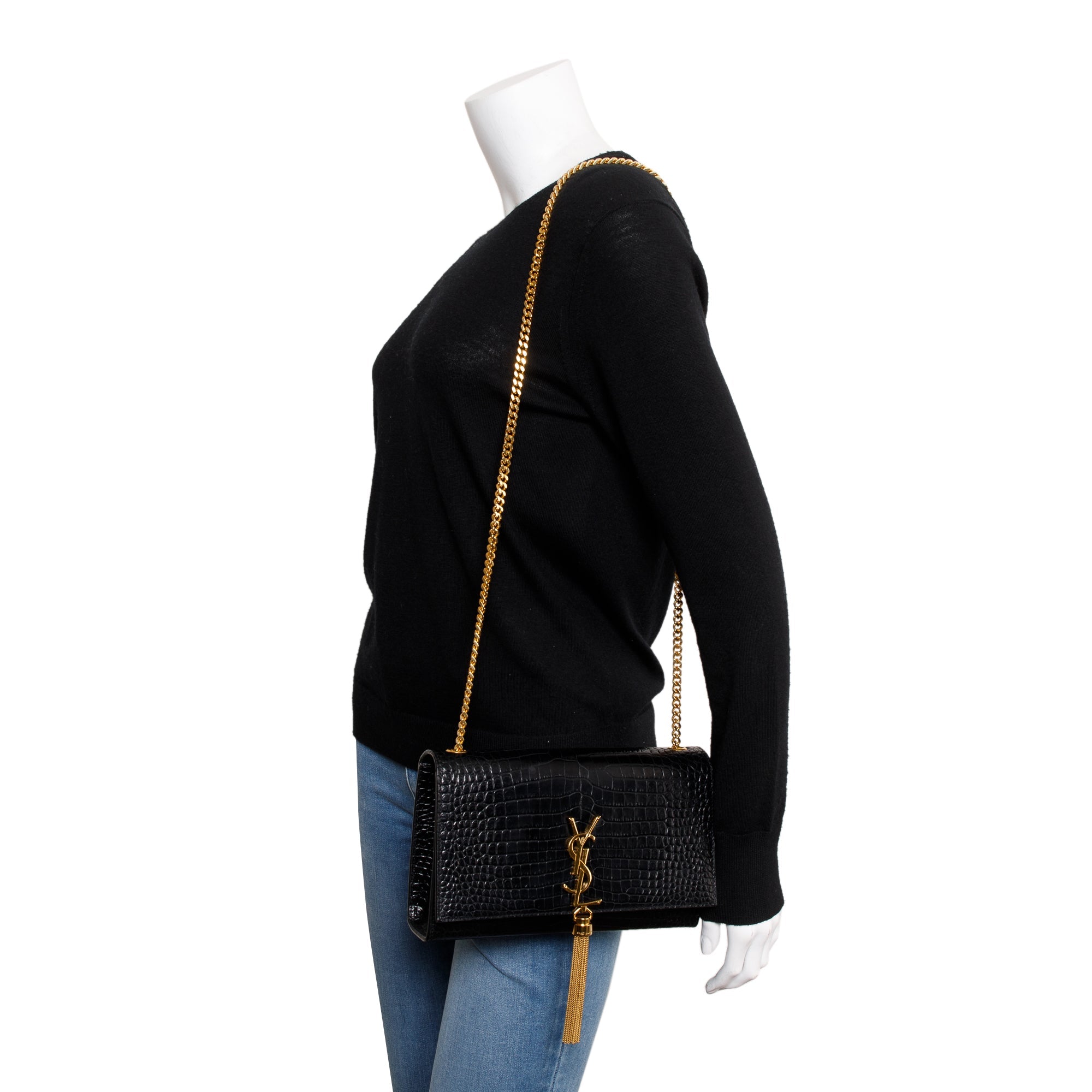 Saint Laurent Black Crocodile-Embossed Leather Medium Classic Monogram Kate Tassel Chain Bag