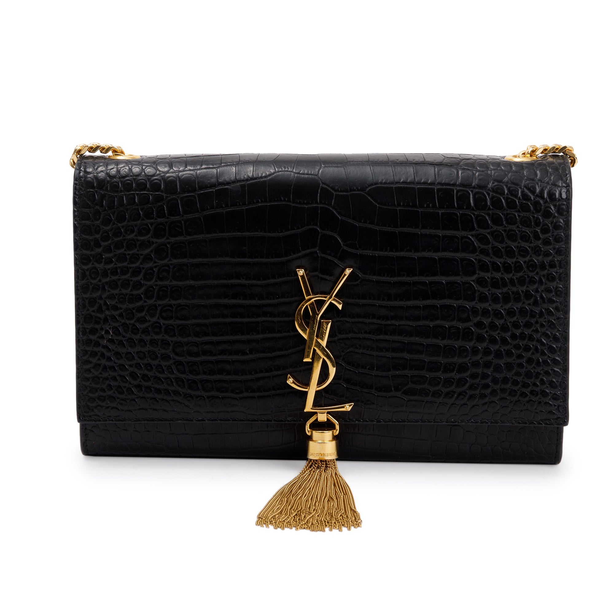 Saint Laurent Black Crocodile-Embossed Leather Medium Classic Monogram Kate Tassel Chain Bag