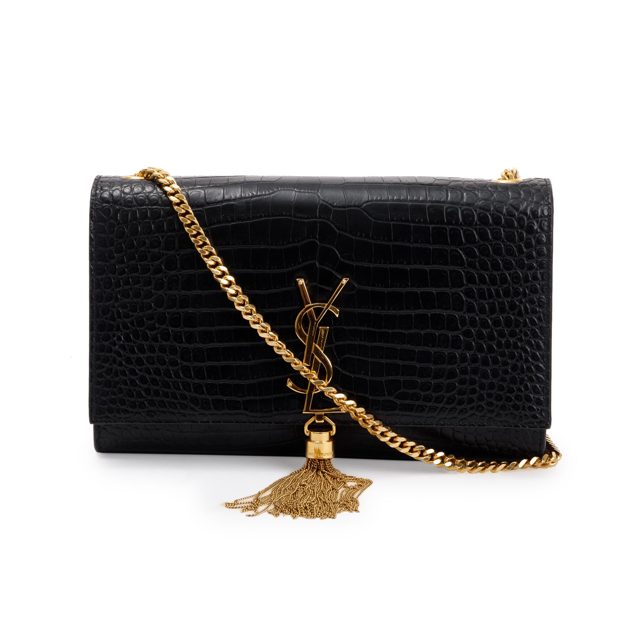 Saint Laurent Black Crocodile-Embossed Leather Medium Classic Monogram Kate Tassel Chain Bag