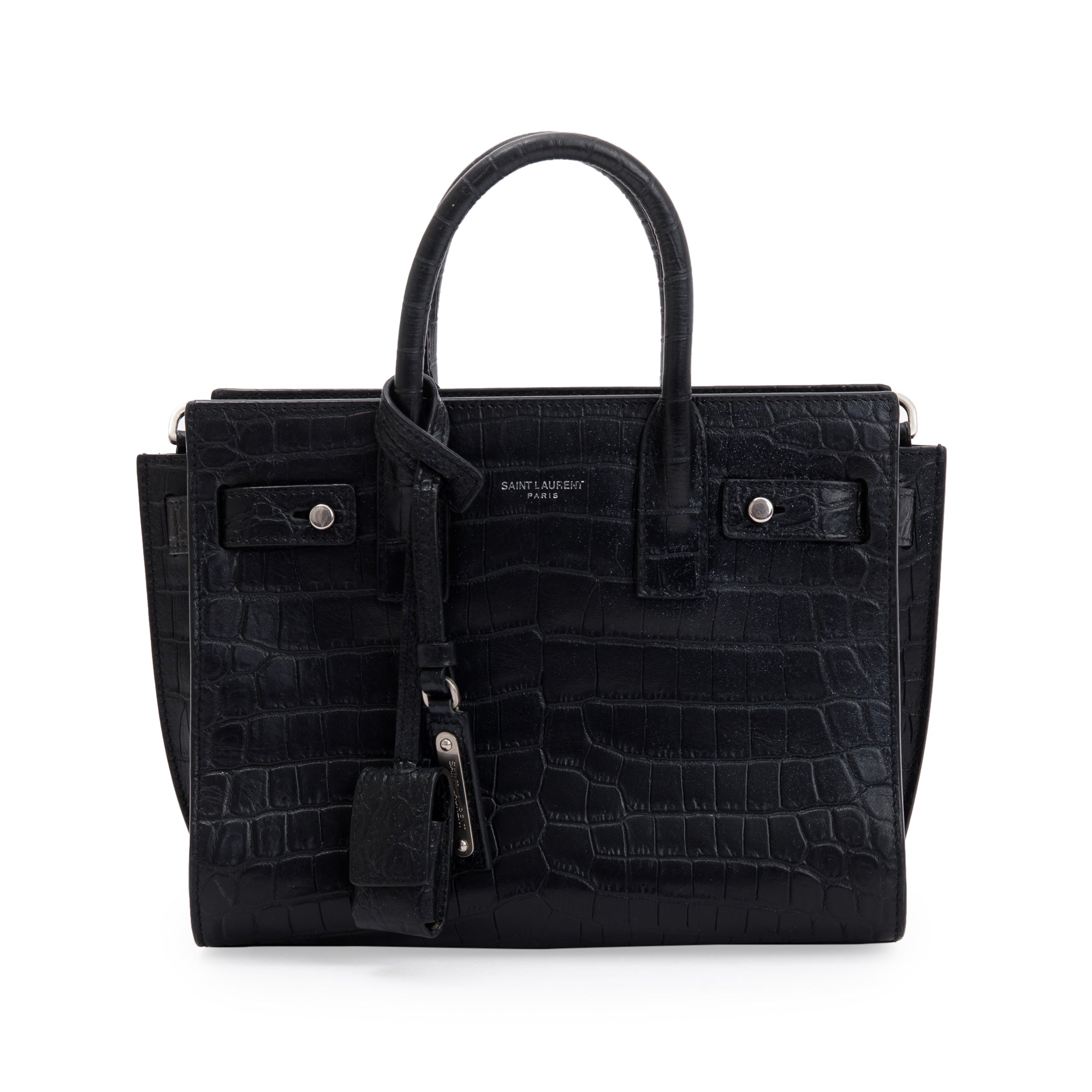 Saint Laurent Black Crocodile Embossed Leather Nano Sac De Jour w/ Strap