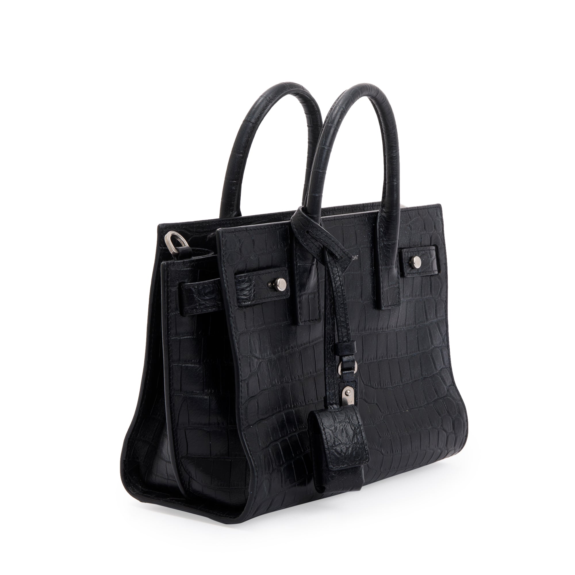 Saint Laurent Black Crocodile Embossed Leather Nano Sac De Jour w/ Strap
