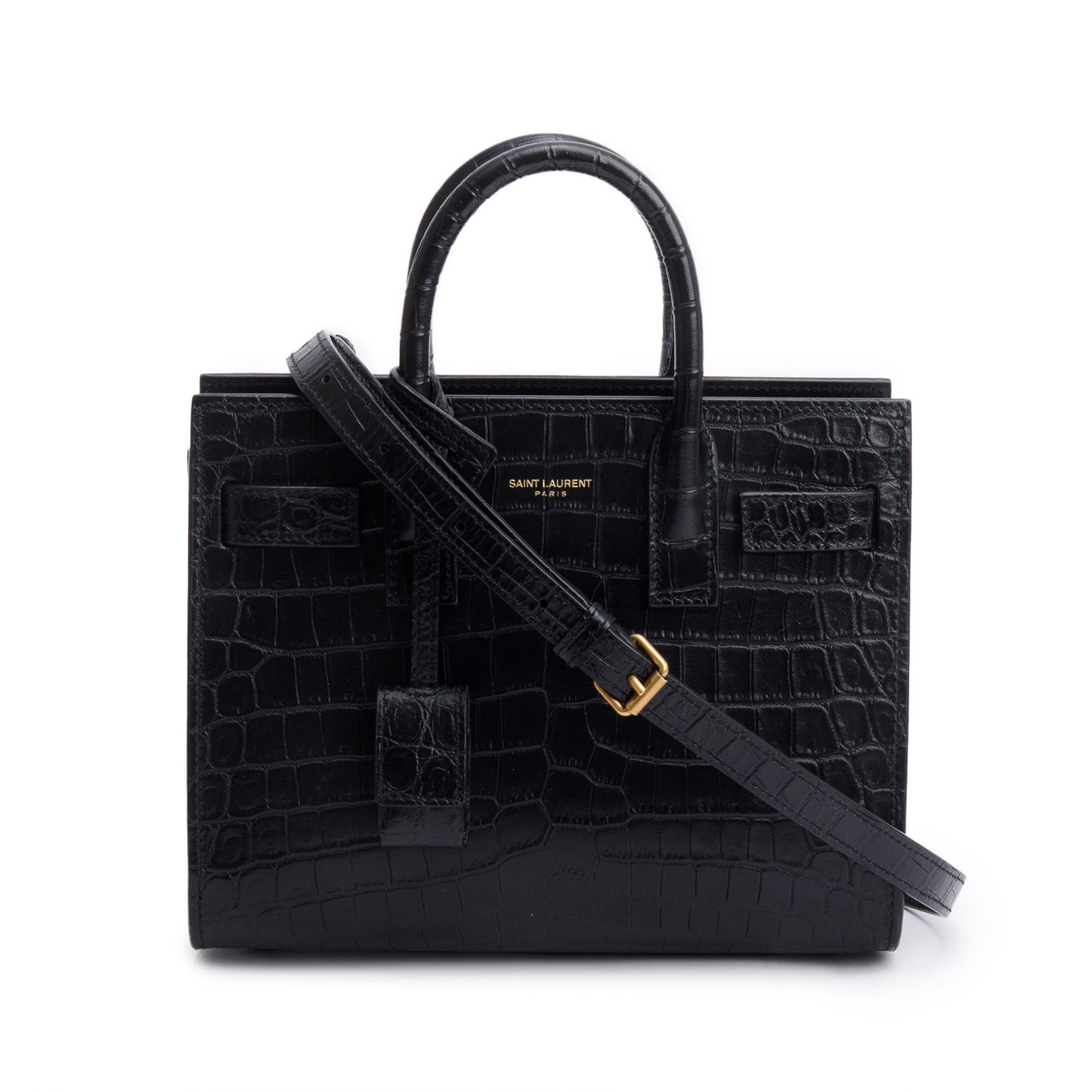 Saint Laurent Black Crocodile Embossed Leather Nano Sac De Jour w/ Strap