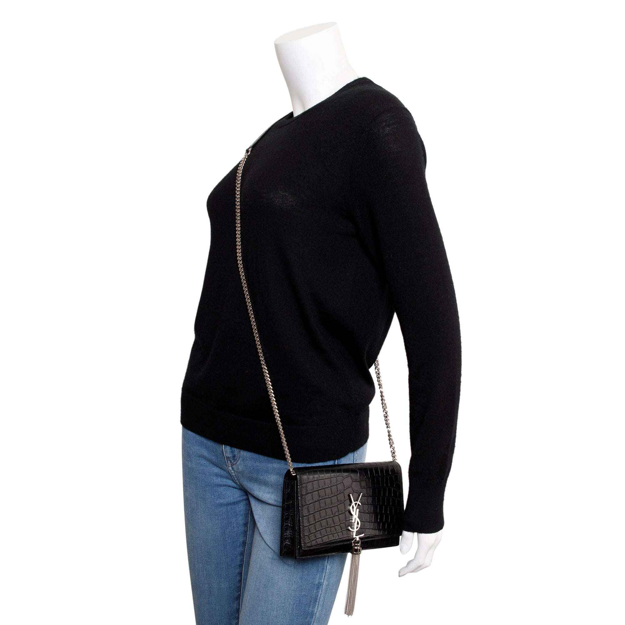 Saint Laurent Black Crocodile-Embossed Leather Small Classic Monogram Kate Tassel Chain Bag w/ Box