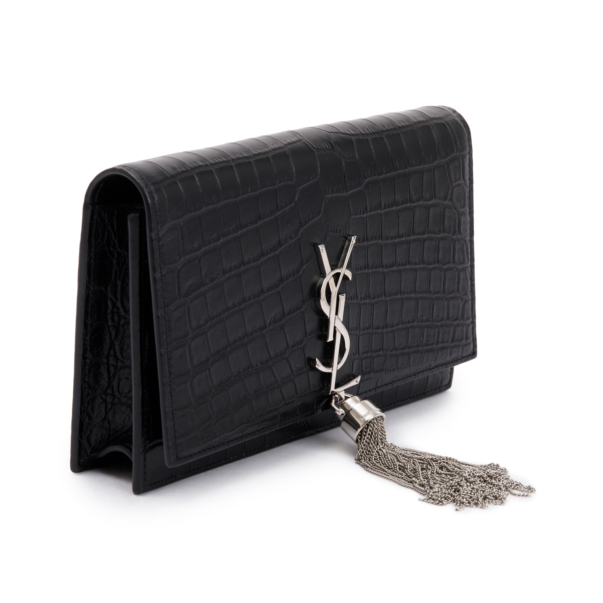 Saint Laurent Black Crocodile-Embossed Leather Small Classic Monogram Kate Tassel Chain Bag w/ Box