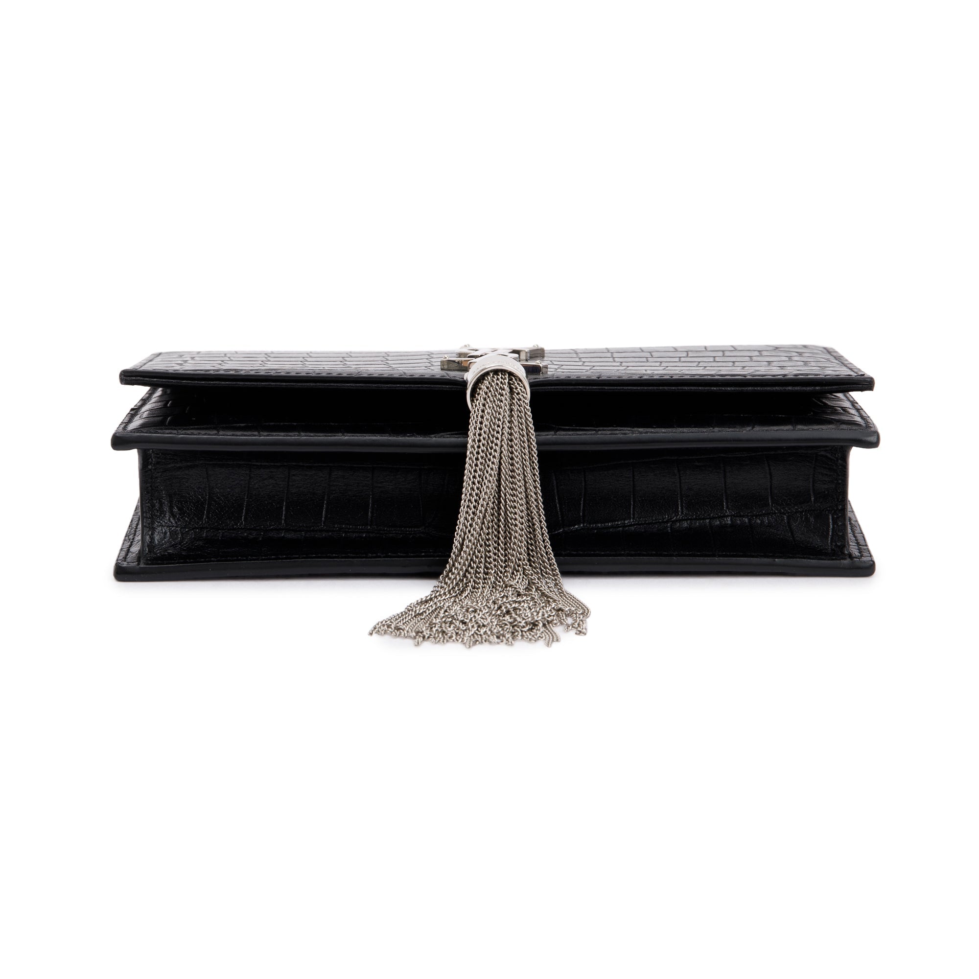 Saint Laurent Black Crocodile-Embossed Leather Small Classic Monogram Kate Tassel Chain Bag w/ Box