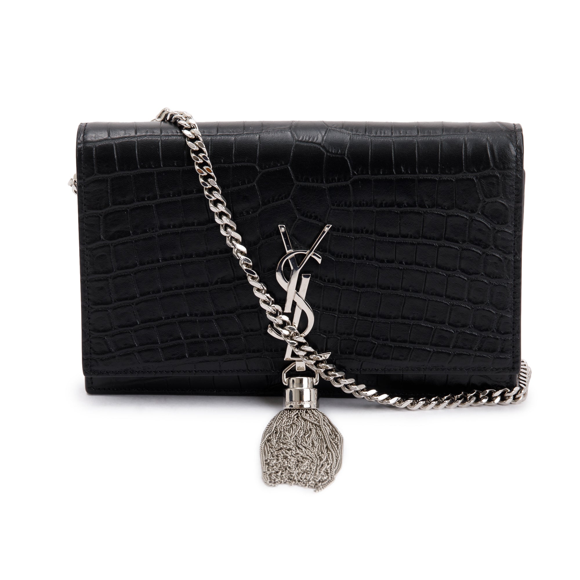 Saint Laurent Black Crocodile-Embossed Leather Small Classic Monogram Kate Tassel Chain Bag w/ Box