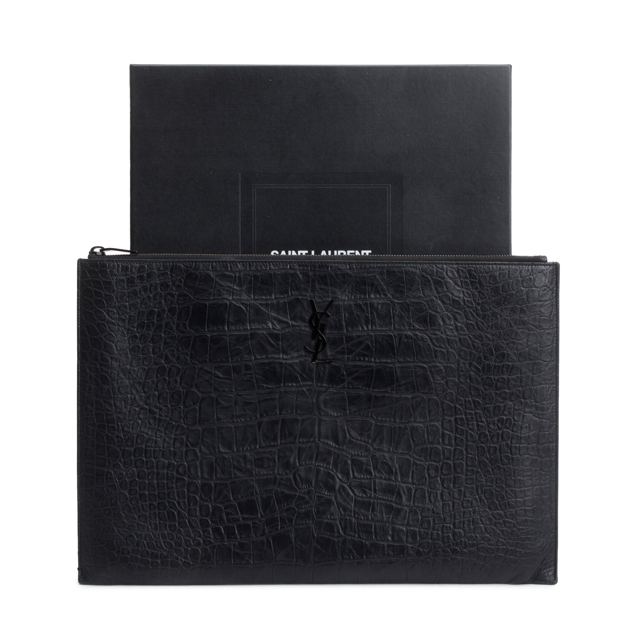 Saint Laurent Black Crocodile Embossed Monogram Document Holder w/ Box