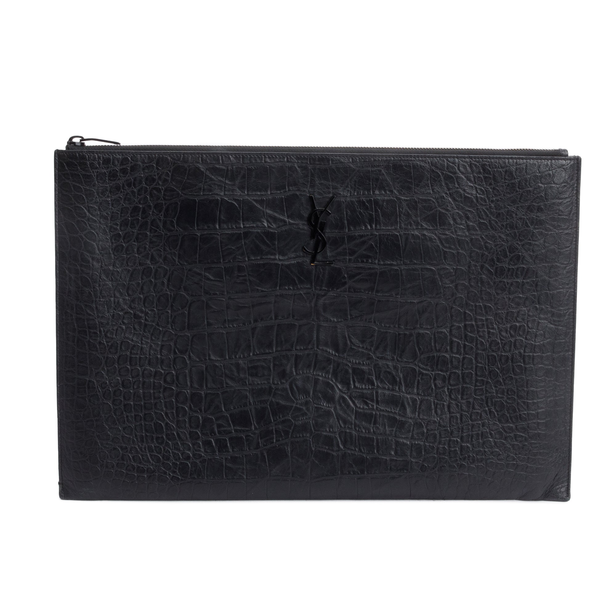 Saint Laurent Black Crocodile Embossed Monogram Document Holder w/ Box