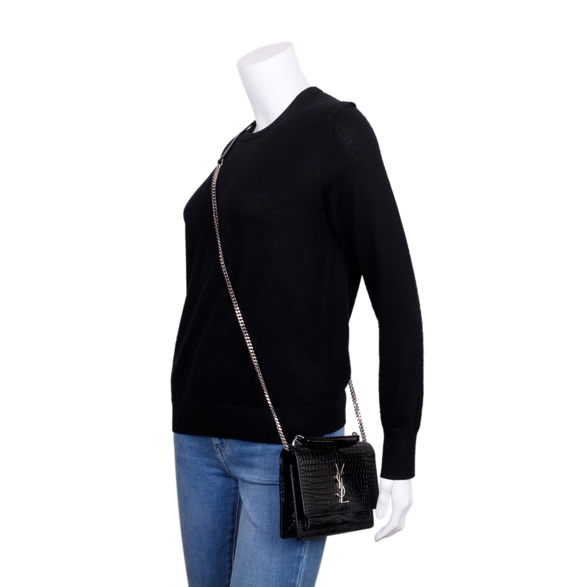 Saint Laurent Black Crocodile Embossed Small Sunset Chain Wallet w/ Strap