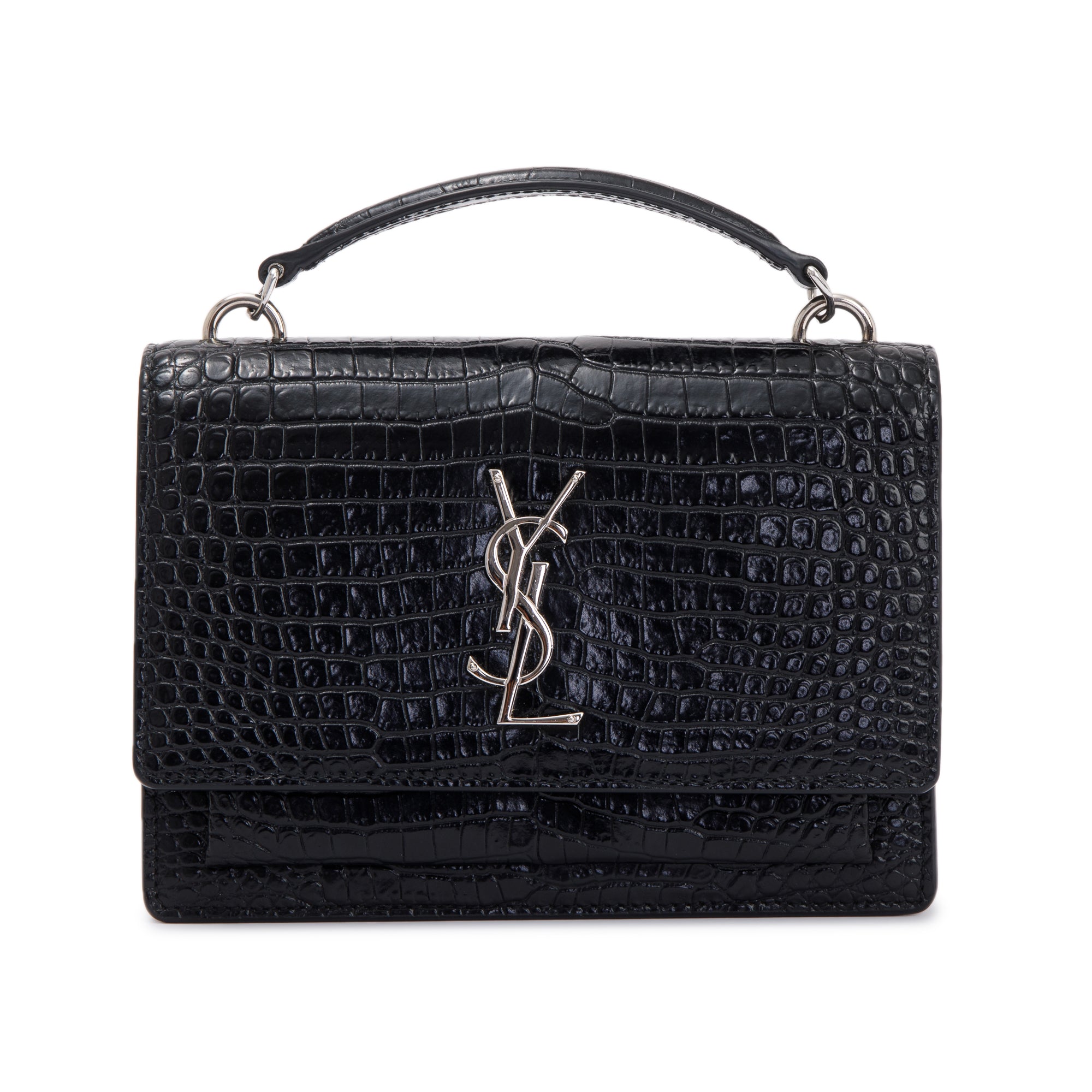Saint Laurent Black Crocodile Embossed Small Sunset Chain Wallet w/ Strap