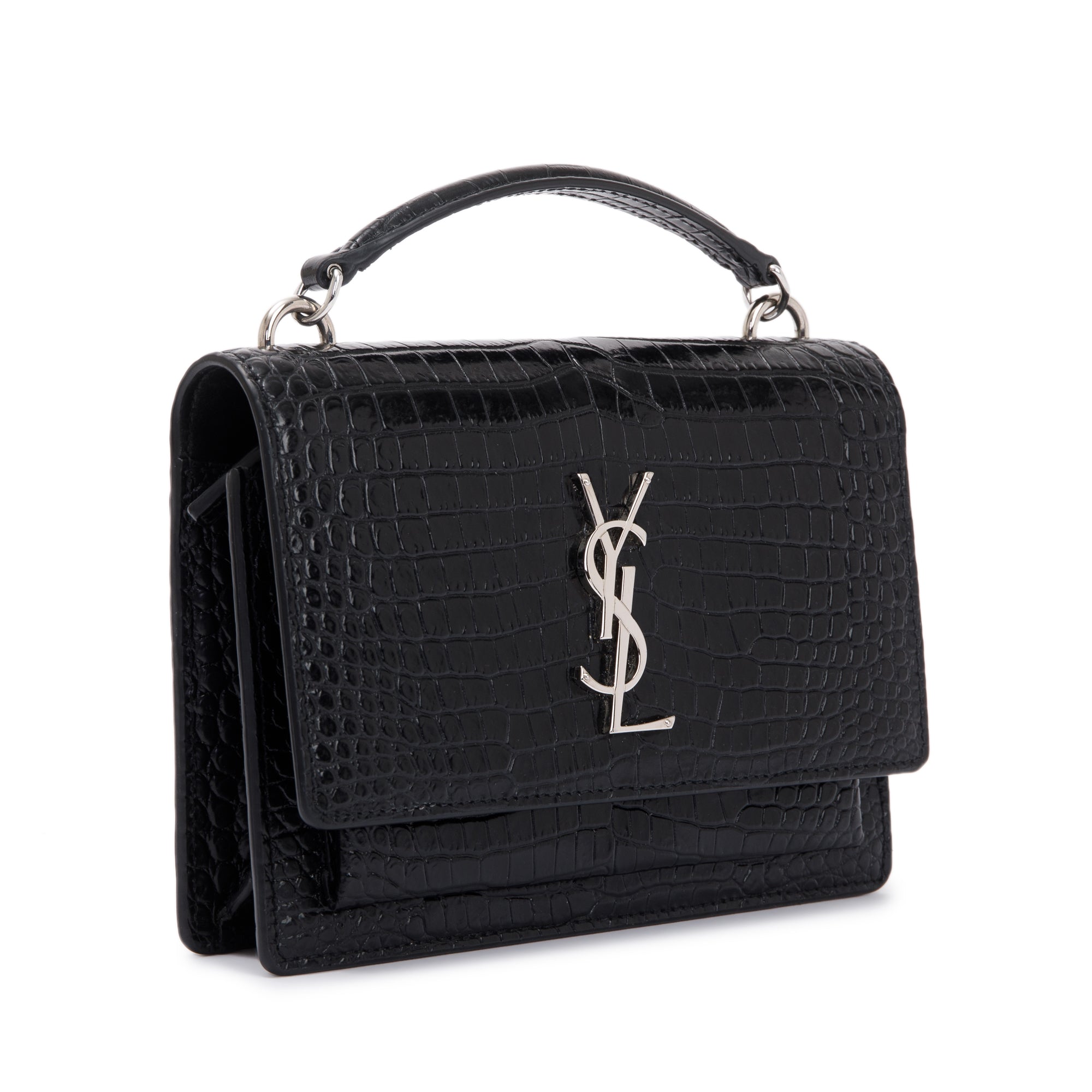 Saint Laurent Black Crocodile Embossed Small Sunset Chain Wallet w/ Strap