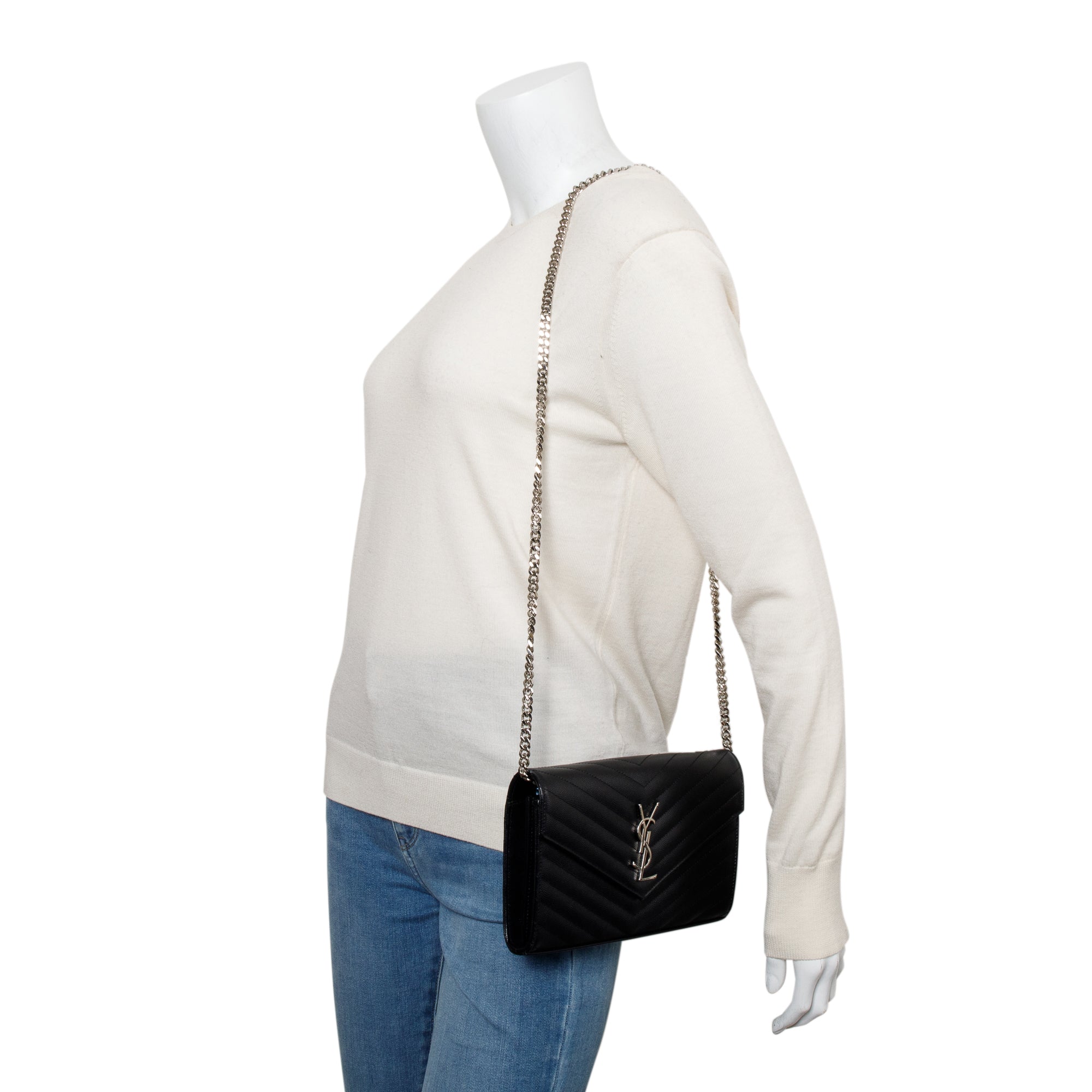 Saint Laurent Black Grain De Poudre Cassandre Envelope Chain Wallet