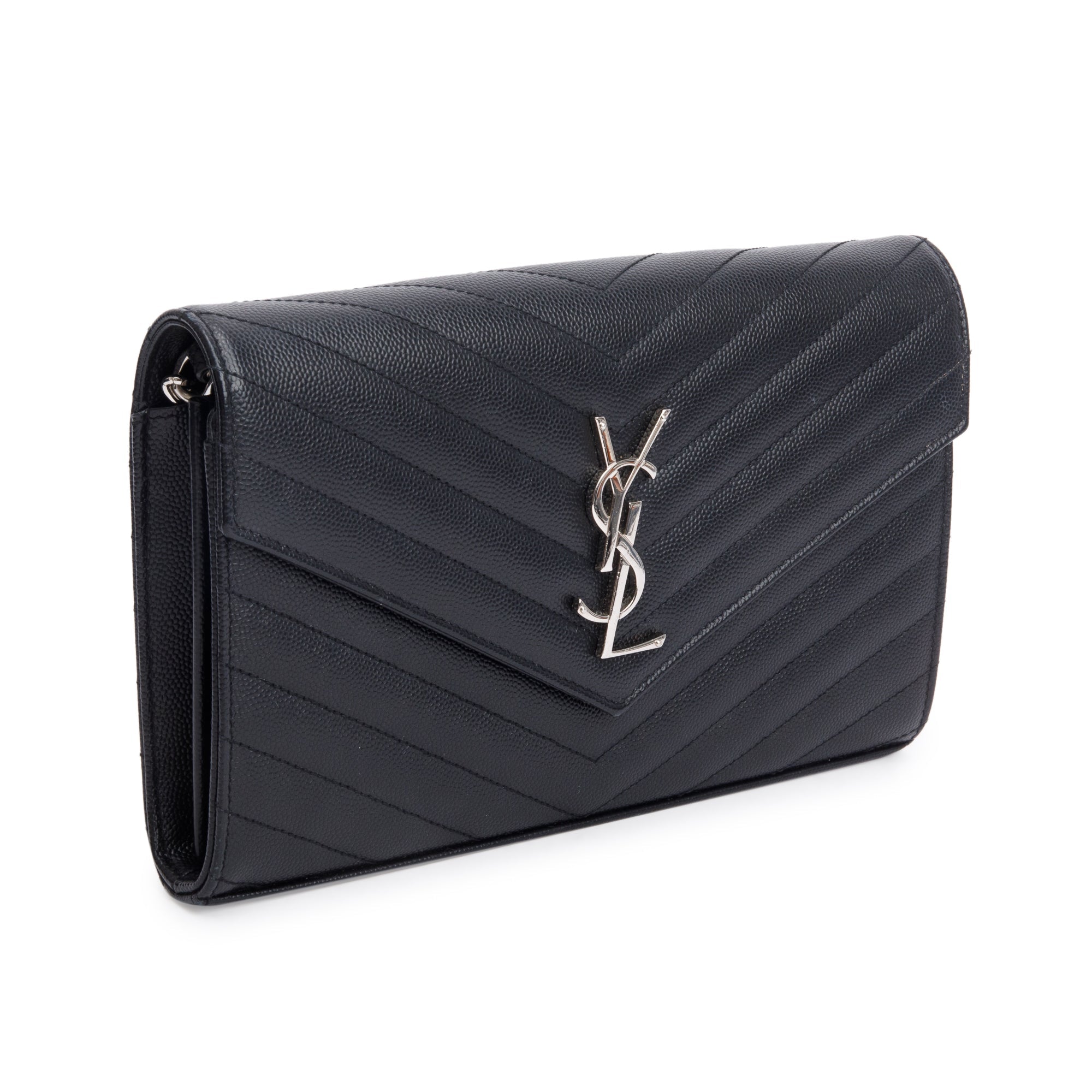 Saint Laurent Black Grain De Poudre Cassandre Envelope Chain Wallet