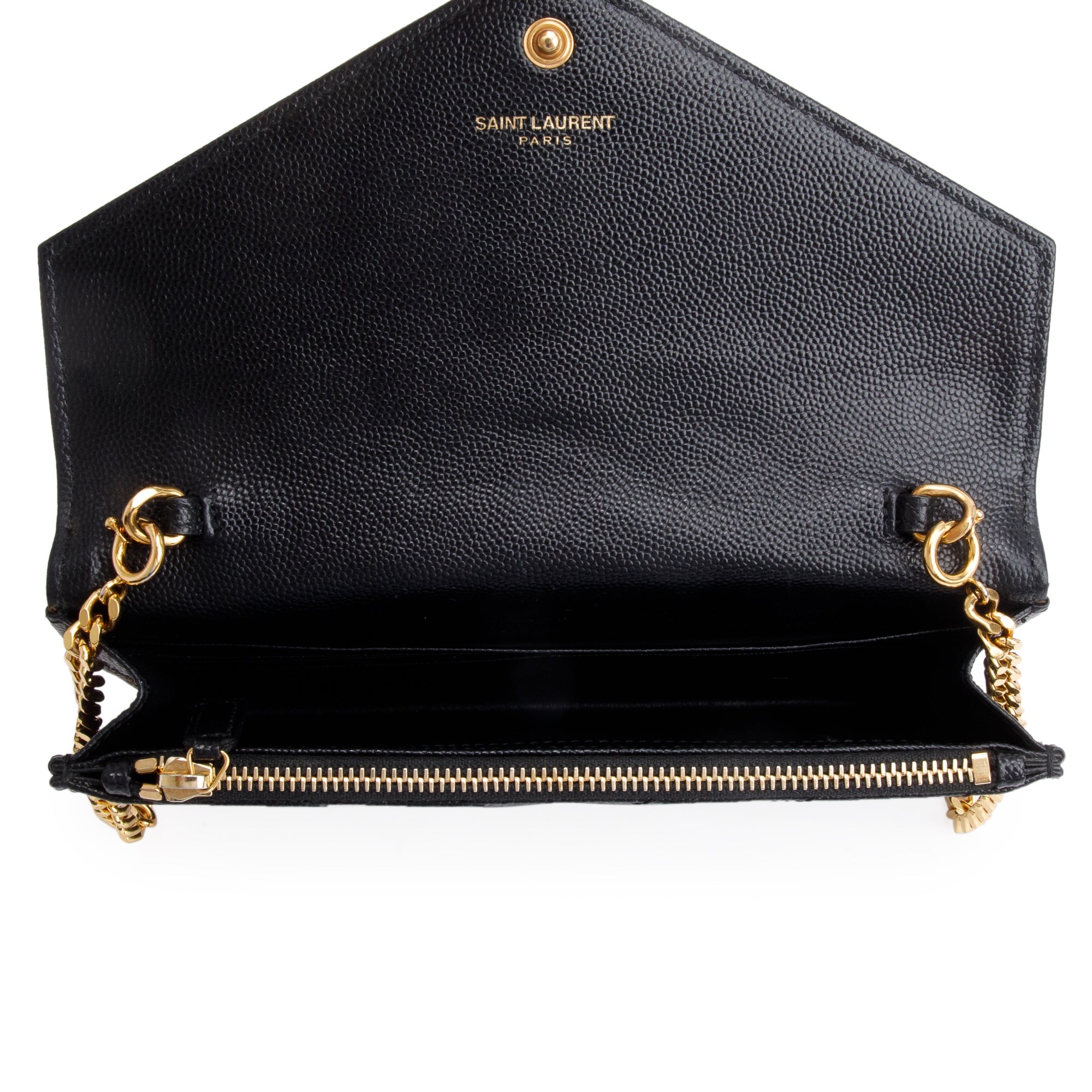 Saint Laurent Black Grain De Poudre Cassandre Envelope Chain Wallet